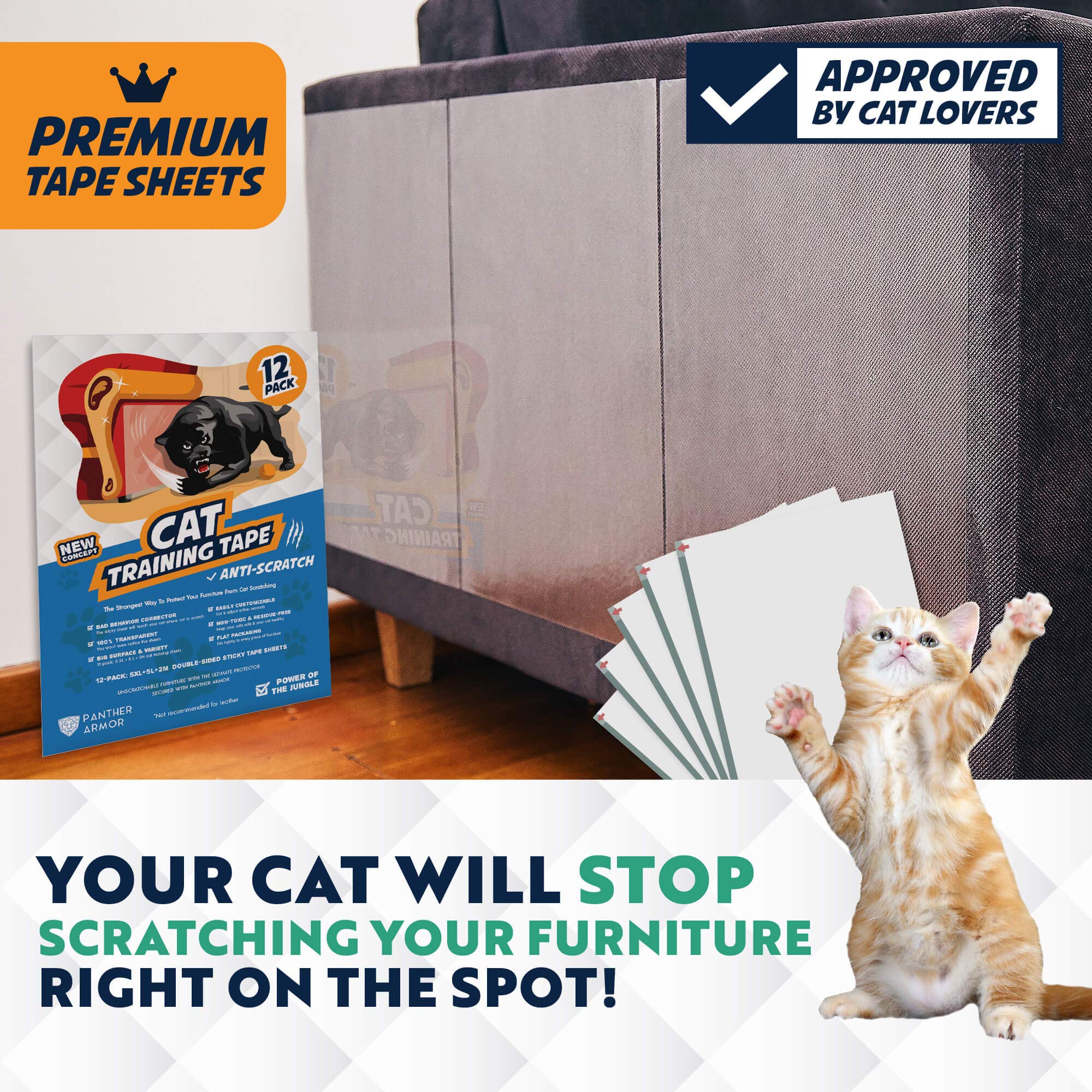 Panther Armor Cat Scratch Deterrent Tape - Double Sided, Clear, Plastic, 12-Pack, Couch Corner Protector
