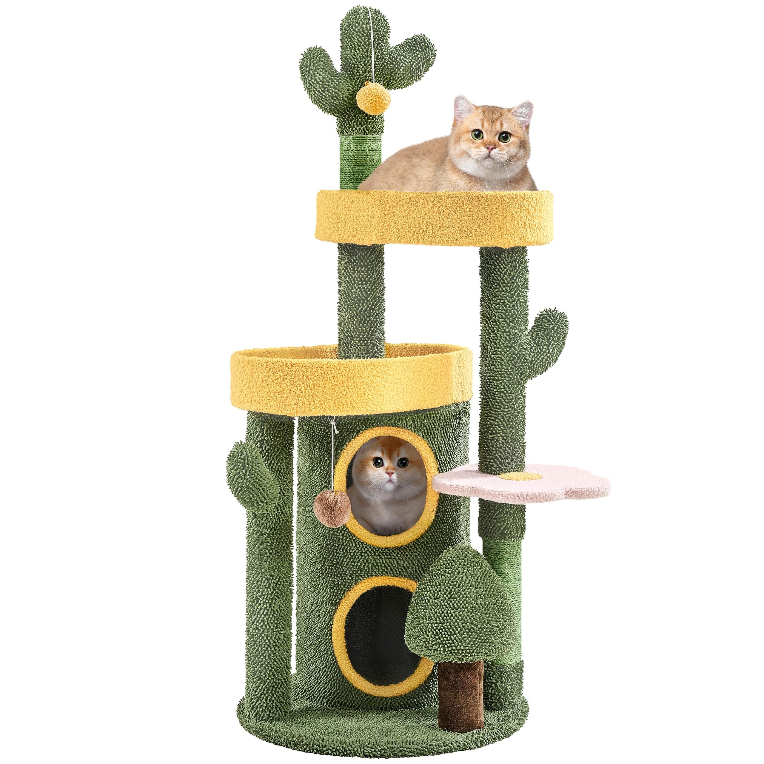 Yaheetech Cactus Cat Tree For Indoor Cats, 48.5In Cat Tower With 2 Large Platform, 2 Tiered Condo, Scratching Posts & Dangling B