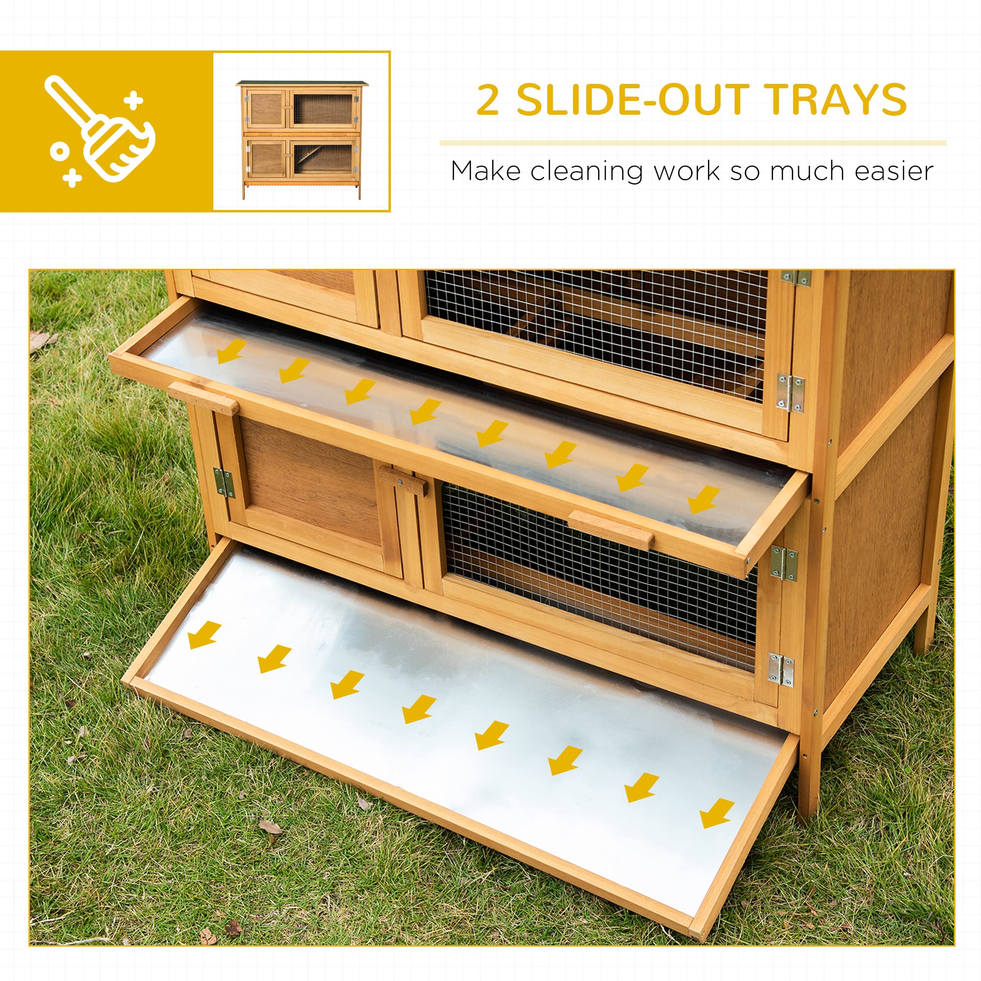 Pawhut Wooden Bunny Rabbit Hutch, Small Animal Habitat With Ramp, Removable Tray & Weatherproof Roof, Indoor/Outdoor, Yellow
