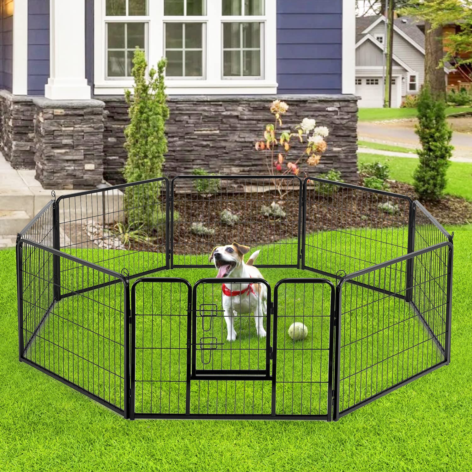 BestPet Dog Playpen Pet Dog Fence 24/ 32 /40 Height 8/16/24/32 Panels Metal Dog Pen Outdoor Exercise Pen with Doors for Large/Me