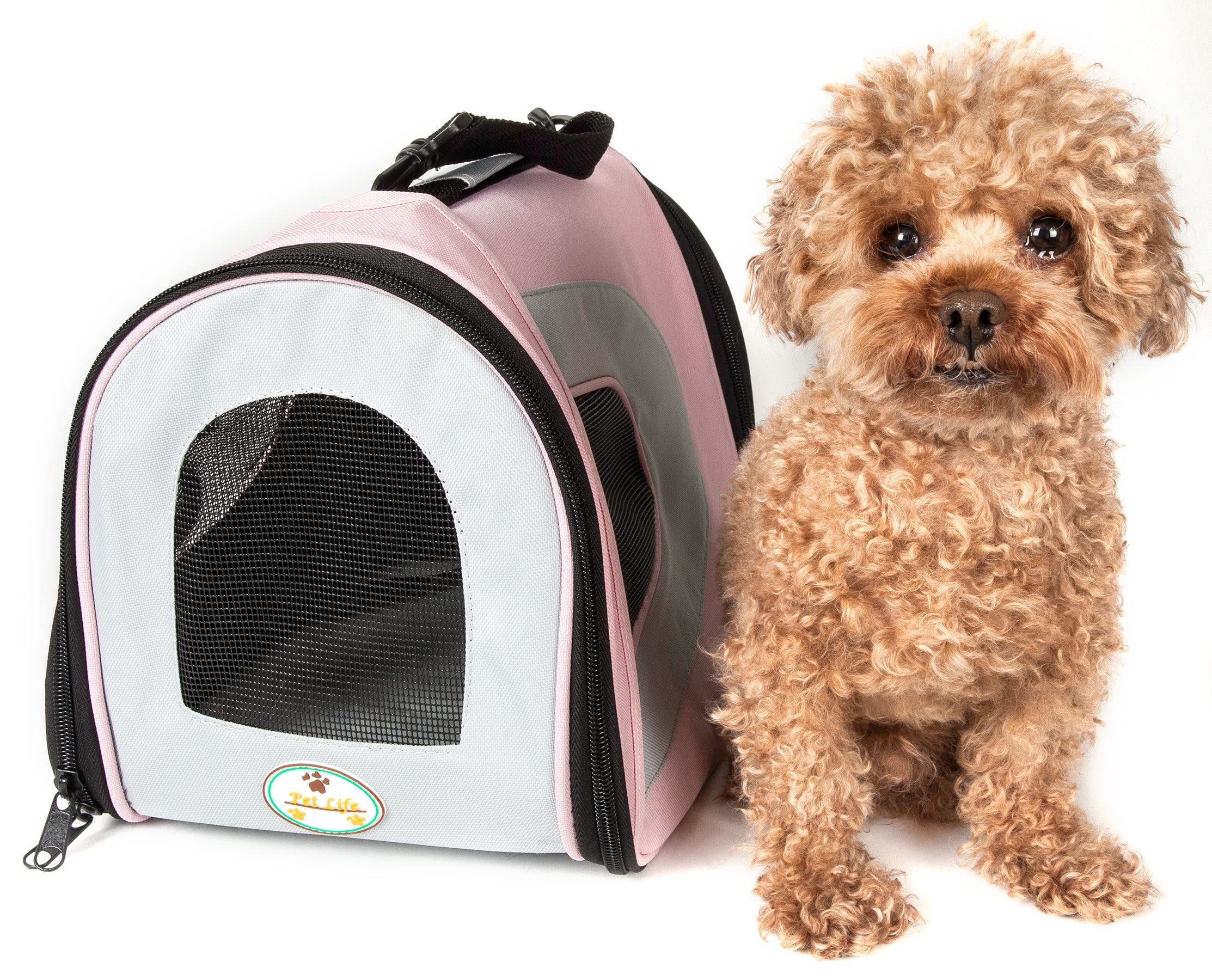 Pet Life Airline Approved Collapsible Zippered Folding Sporty Mesh Travel Fashion Pet Dog Carrier Crate, Large, Pink & Cream