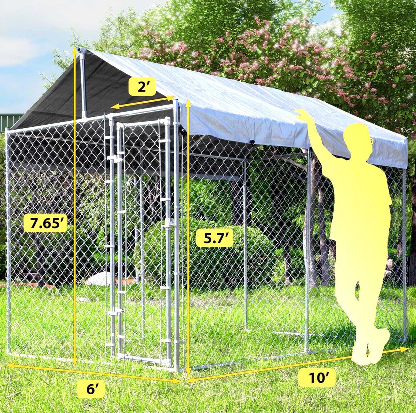 10'X6'X7.65' Large Dog Playpen Outdoor, Heavy Duty Chain Link Metal Dog Kennel Dog Exercise Dog Pen Dog Run With Lockable Door A