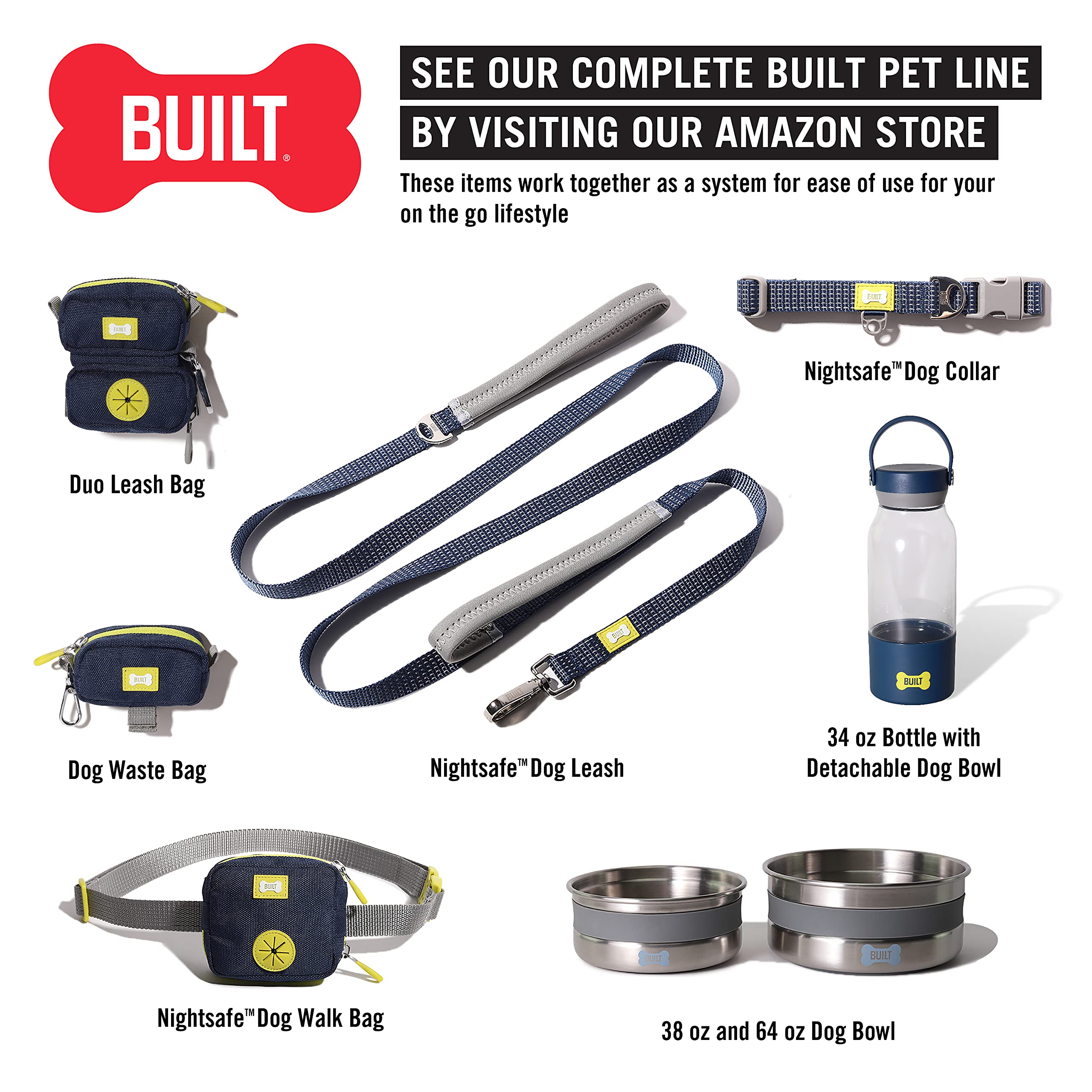 Built Pet Nightsafe Dog Collar Small, Navy And Yellow