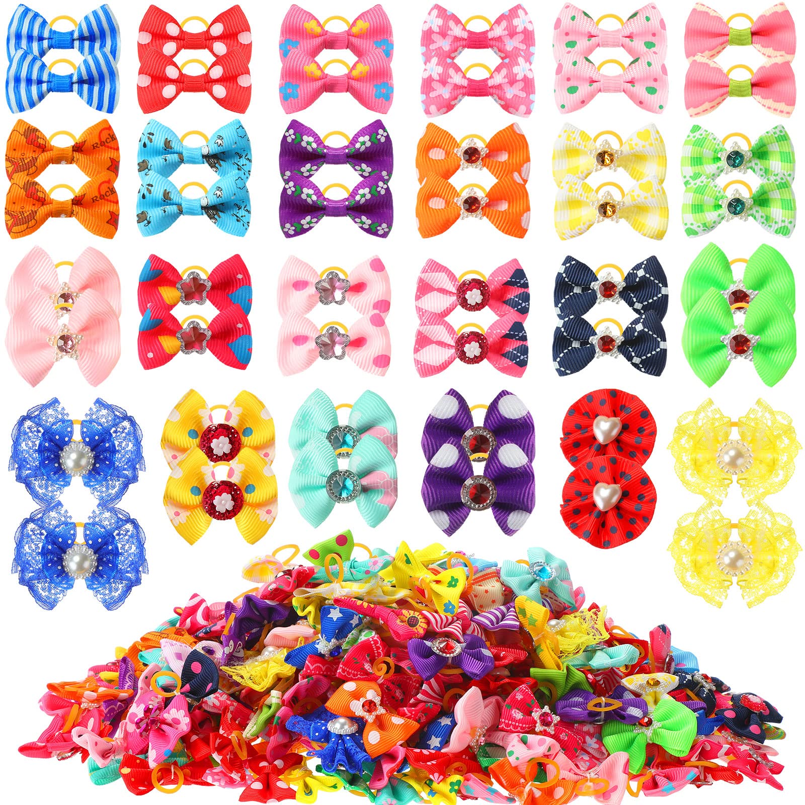 Reginary 300 Pack Dog Bows Grooming Cute Dog Hair Bows Girl With Rubber Bands Small Puppy Bowknots Colorful Hair Accessories For
