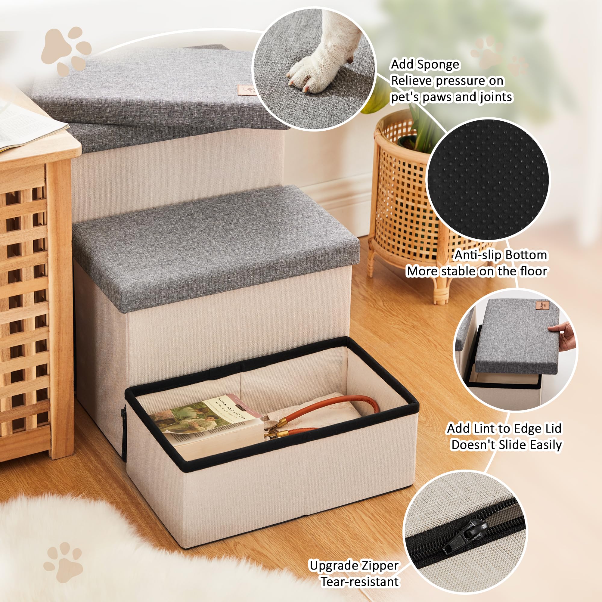 Love'S Cabin Dog Stairs For High Bed 18'H,Foldable Pet Stairs For Small Medium Or Large Dogs Puppy With Storage For Bed Or Couch, Cat Dog Steps Ramp With Zip Up To 210 Lbs(Light Grey,3 Steps No Condo)