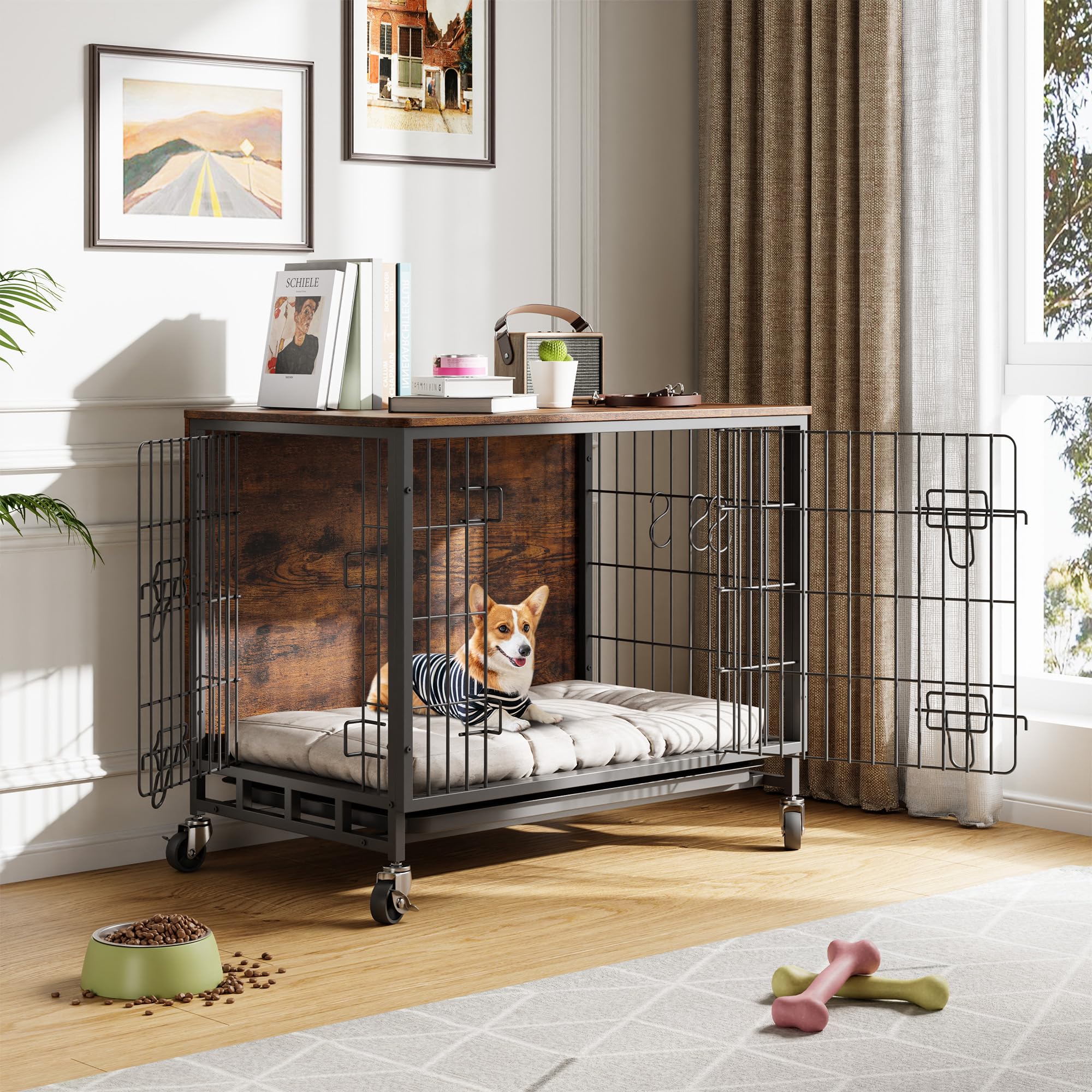 Upgraded Large Dog Cage Furniture,38.6 L x 25.6 W x 26.8 H, Indoor Pet Cage with Double Doors, Detachable Tray and 360 Casters,