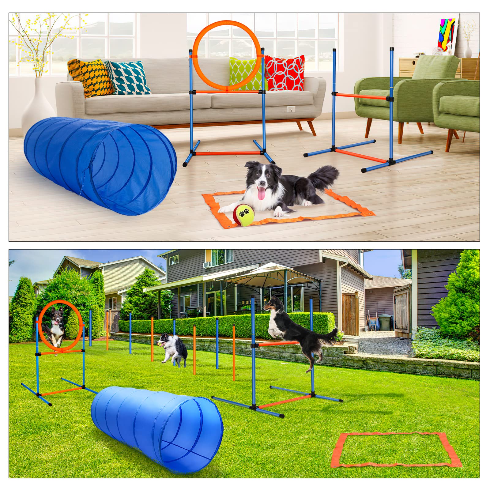 JMMPOO Dog Agility Training Equipment, 60-Piece Dog Obstacle Course Training Starter Kit Pet Outdoor Game with Tunnel, Agility H