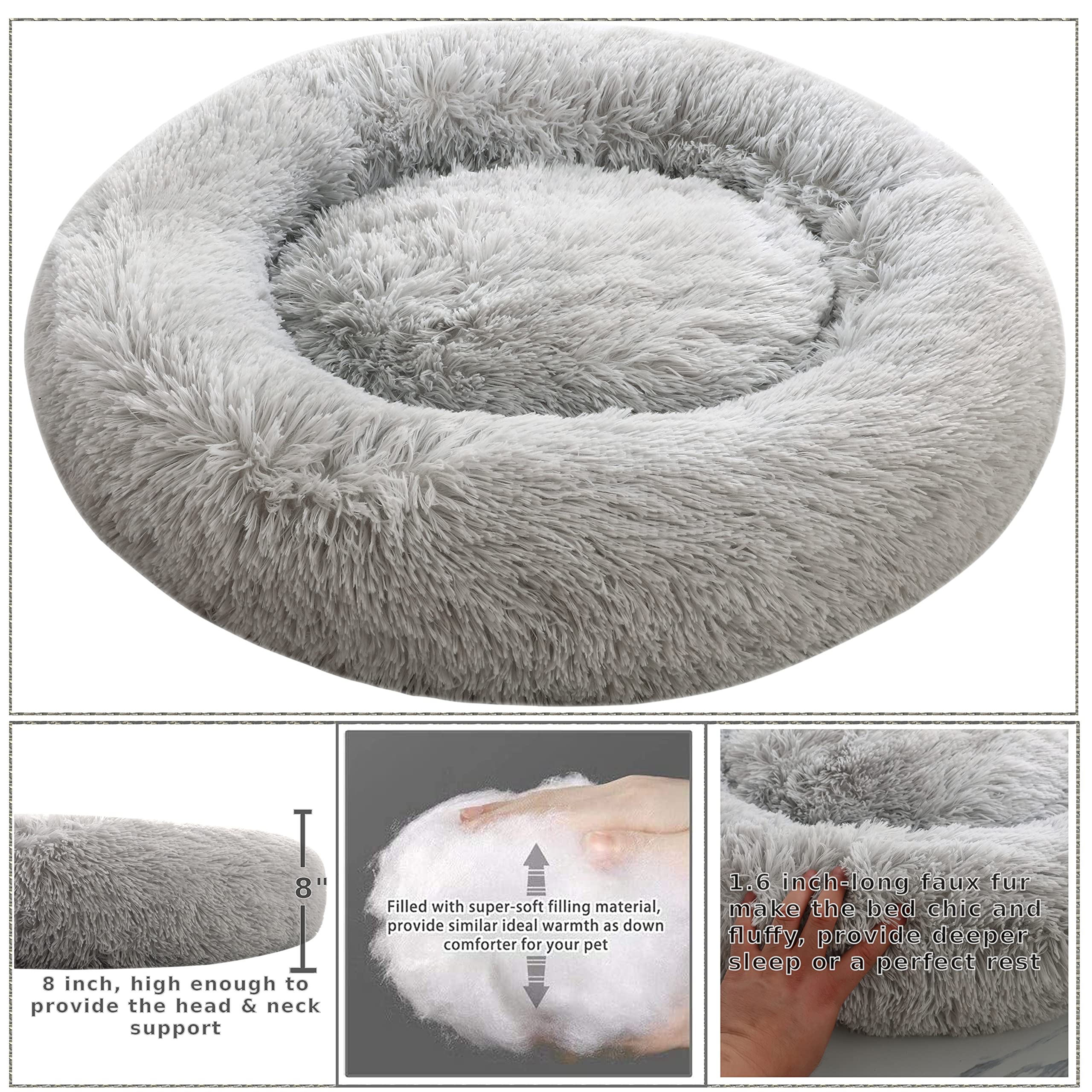 Comlax Calming Donut Dog Beds, 45 Inches Round Cushion With Removable Washable Cover, Anti-Anxiety Faux Fur Cuddler, Fluffy Comf