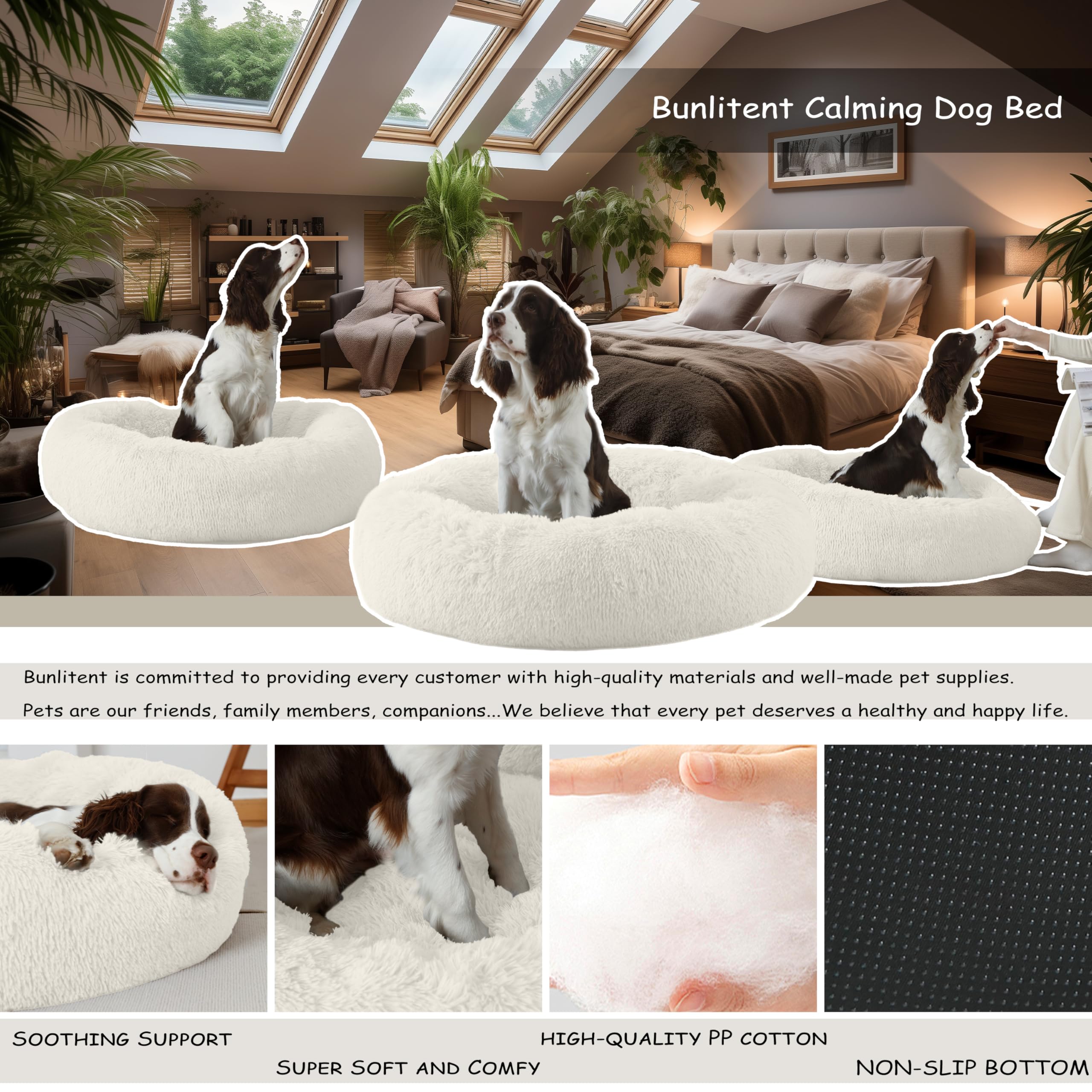 Bunlitent 30'' Inch Calming Dog Bed, Anti-Anxiety Donut Small Medium Dog Bed, Warming Cozy Soft Cute Round Washable, Marshmallow