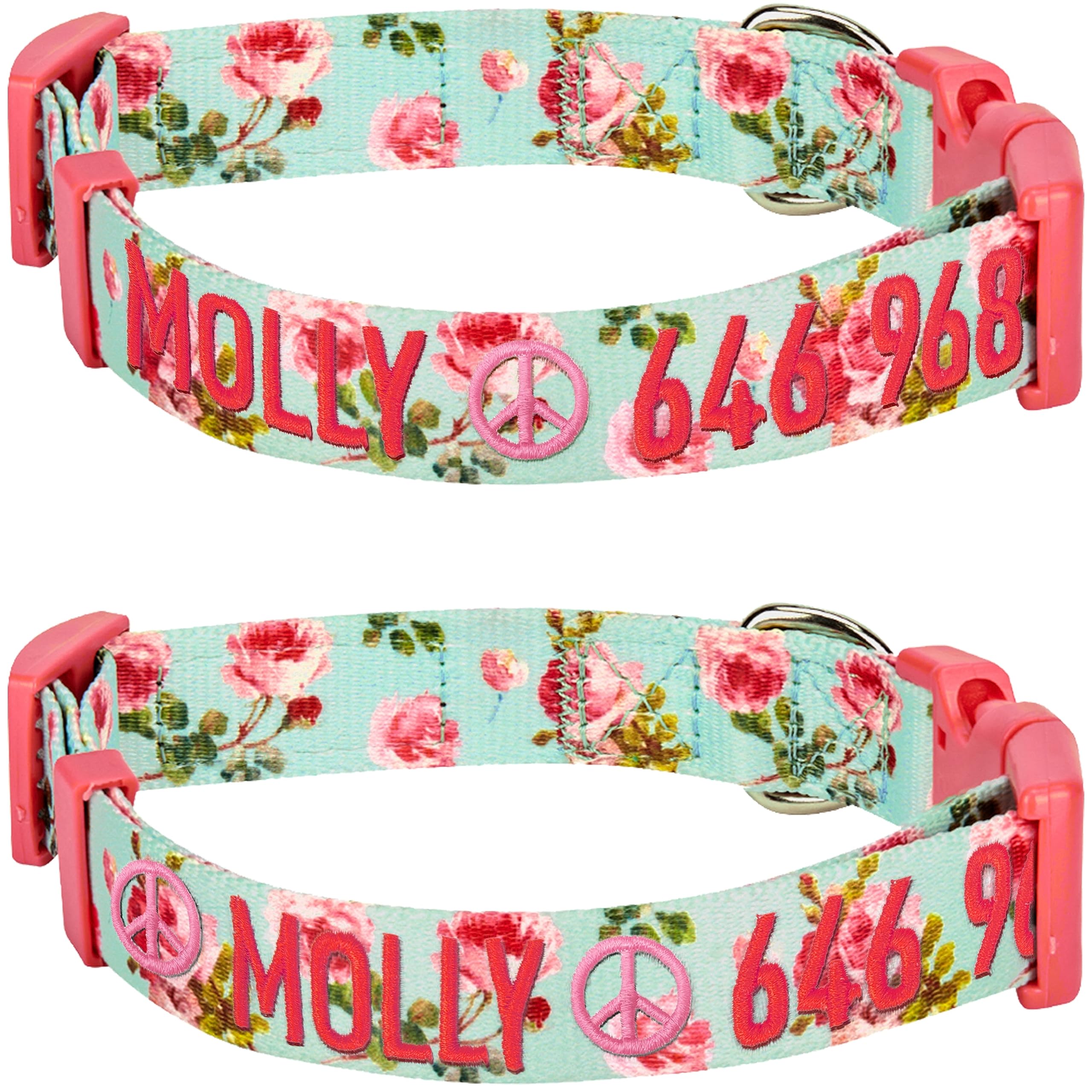 Blueberry Pet 8 Patterns Personalized Customized Adjustable Id Dog Collar, Spring Scent Rose Floral, Turquoise, Small, Embroidered With Name & Phone Number
