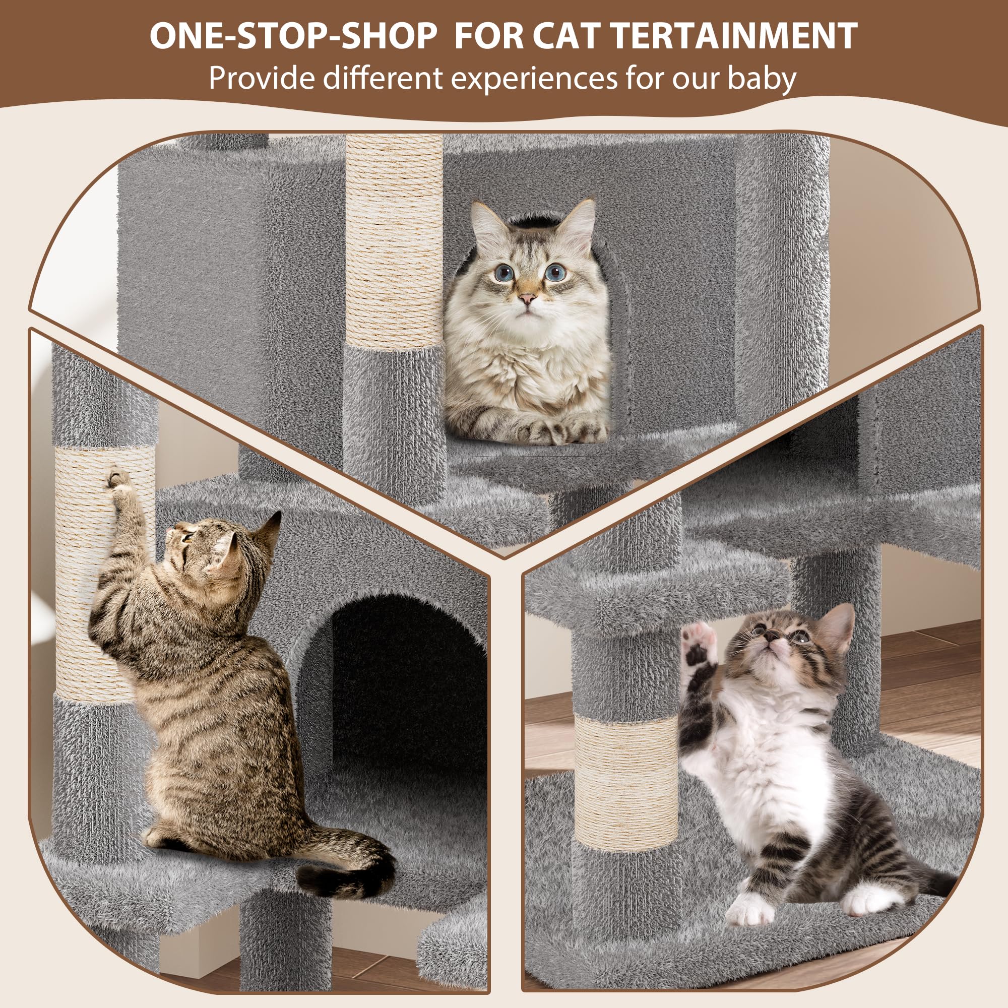 Cat Tree, Tall Cat Tower Condo For Indoor Large Cats, Cat House Furniture With Padded Plush Perch Sisal Scratching Posts