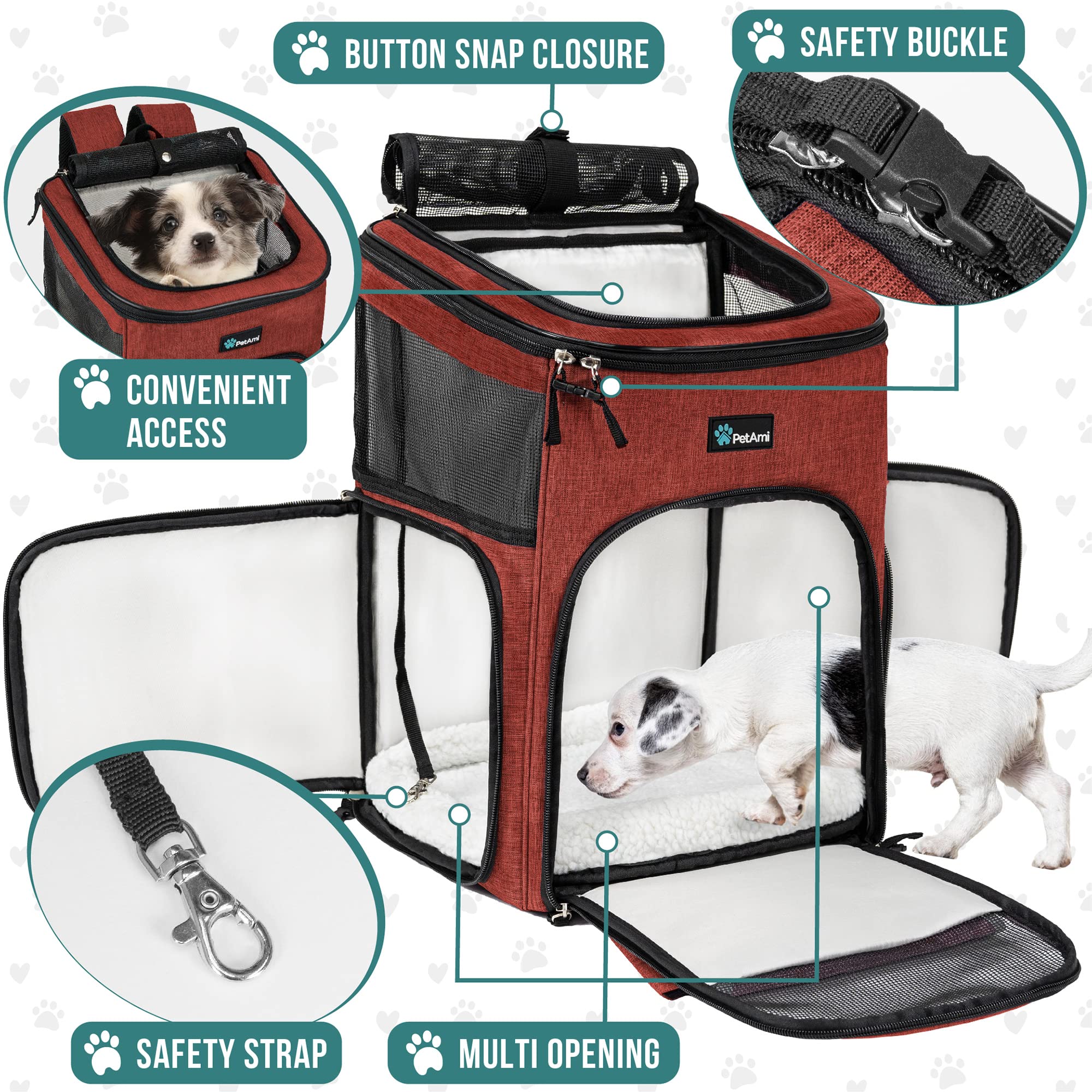 Petami Dog Backpack Carrier, Airline Approved Cat Backpacks For Carrying Small Large Cats, Pet Carrier Back Pack, Ventilated Soft Sided Dog Cat Bookbag For Travel, Hiking, Camping, Red