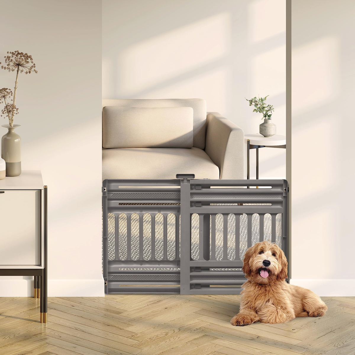 Iris Usa 24'- 39' Dog Gate, Plastic Pet Gate Indoor, Expandable, Portable Dog Gate For Doorways, 25' H, Gray