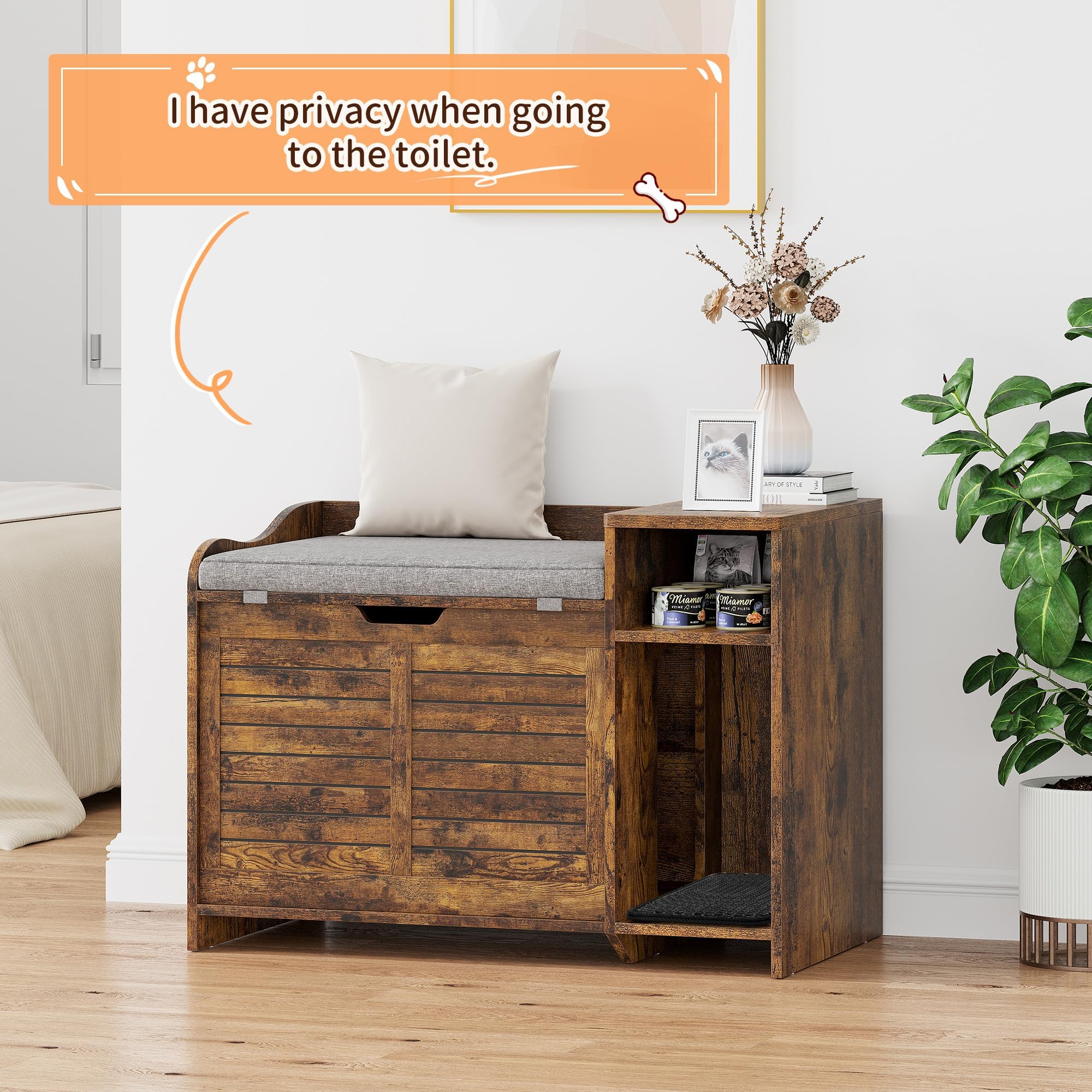 2-In-1 Litter Box Enclosure With Top Opening And Pad, Hidden Litter Box Furniture, Dog Proof, Storage, Wooden Cabinet, Easy To C