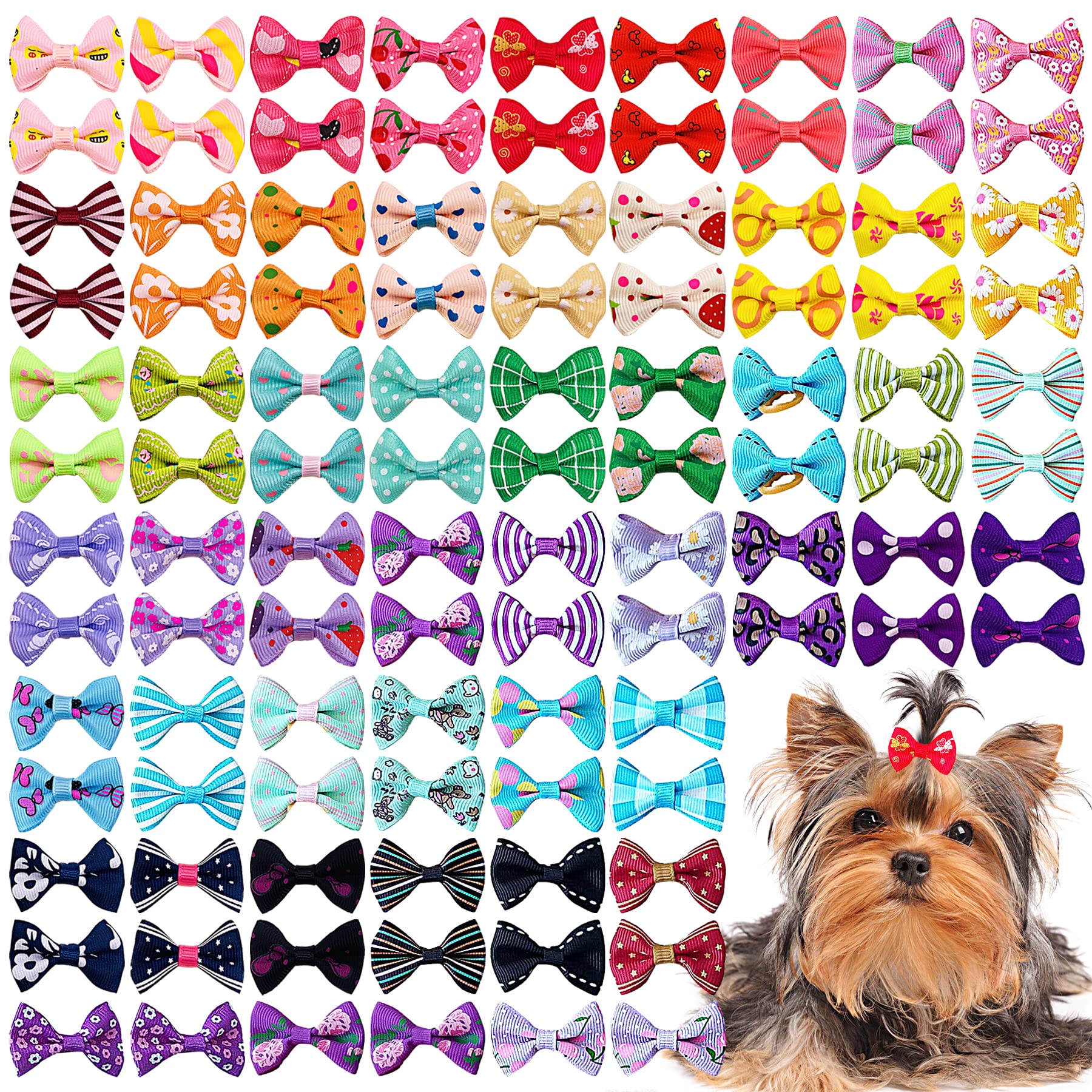 Pet Show 100Pcs/50Pairs Small Dog Hair Bows Topknot With Rubber Bands Cat Puppy Pets Headdress Grooming Hair Accessories Color Assorted Randomly