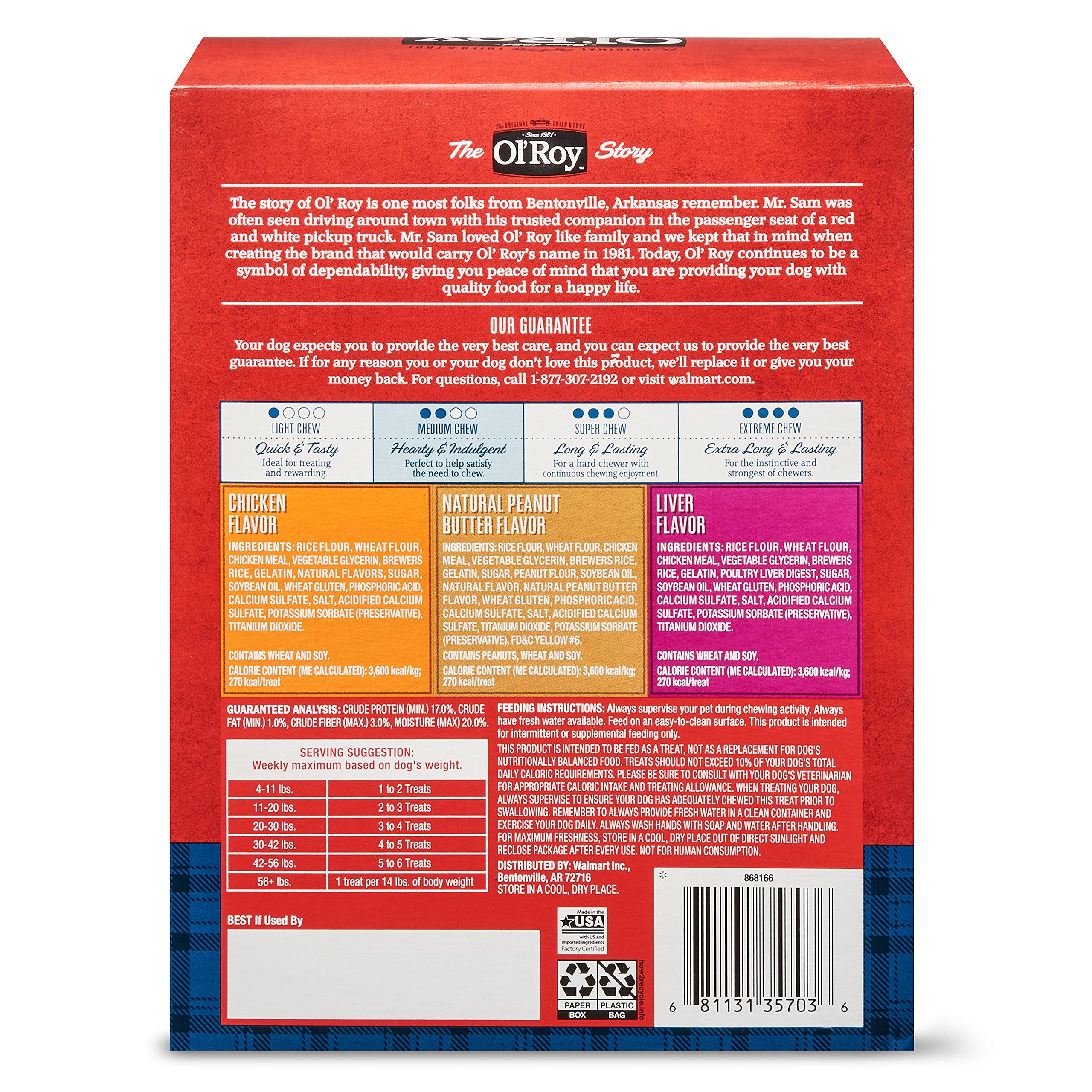 Ol Roy Munchy Bones Dog Treats Variety Box, Chicken, Peanut Butter, Liver, 21 ct