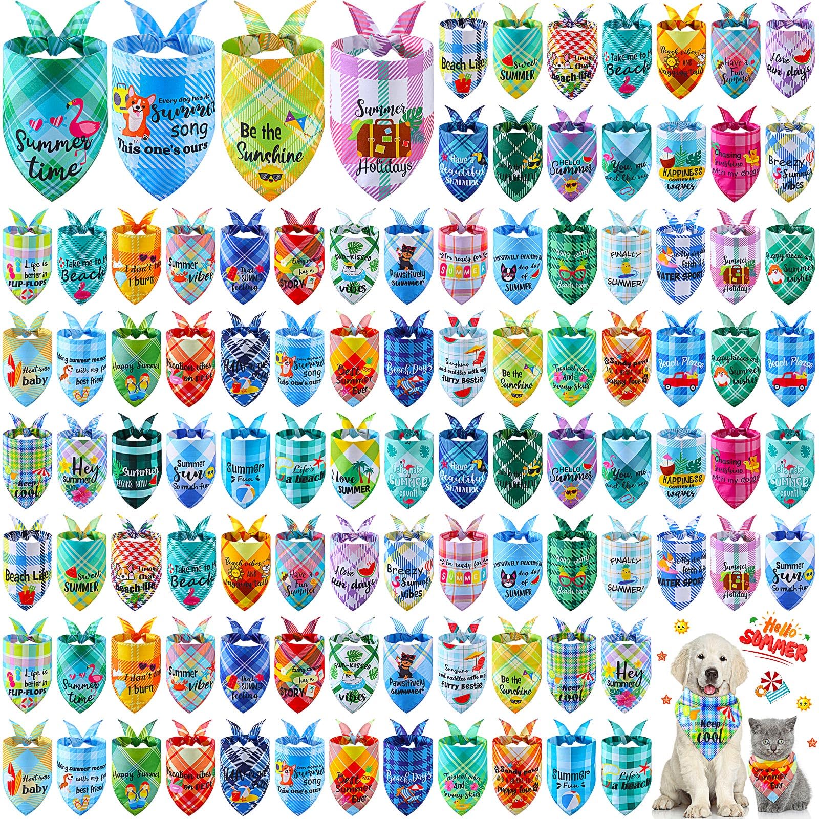 Sweetude 100 Pcs Summer Plaid Dog Bandana Bulk With Sayings Hawaii Bandana Pet Scarf Triangle Bibs Washable Puppy Kerchief Adjus