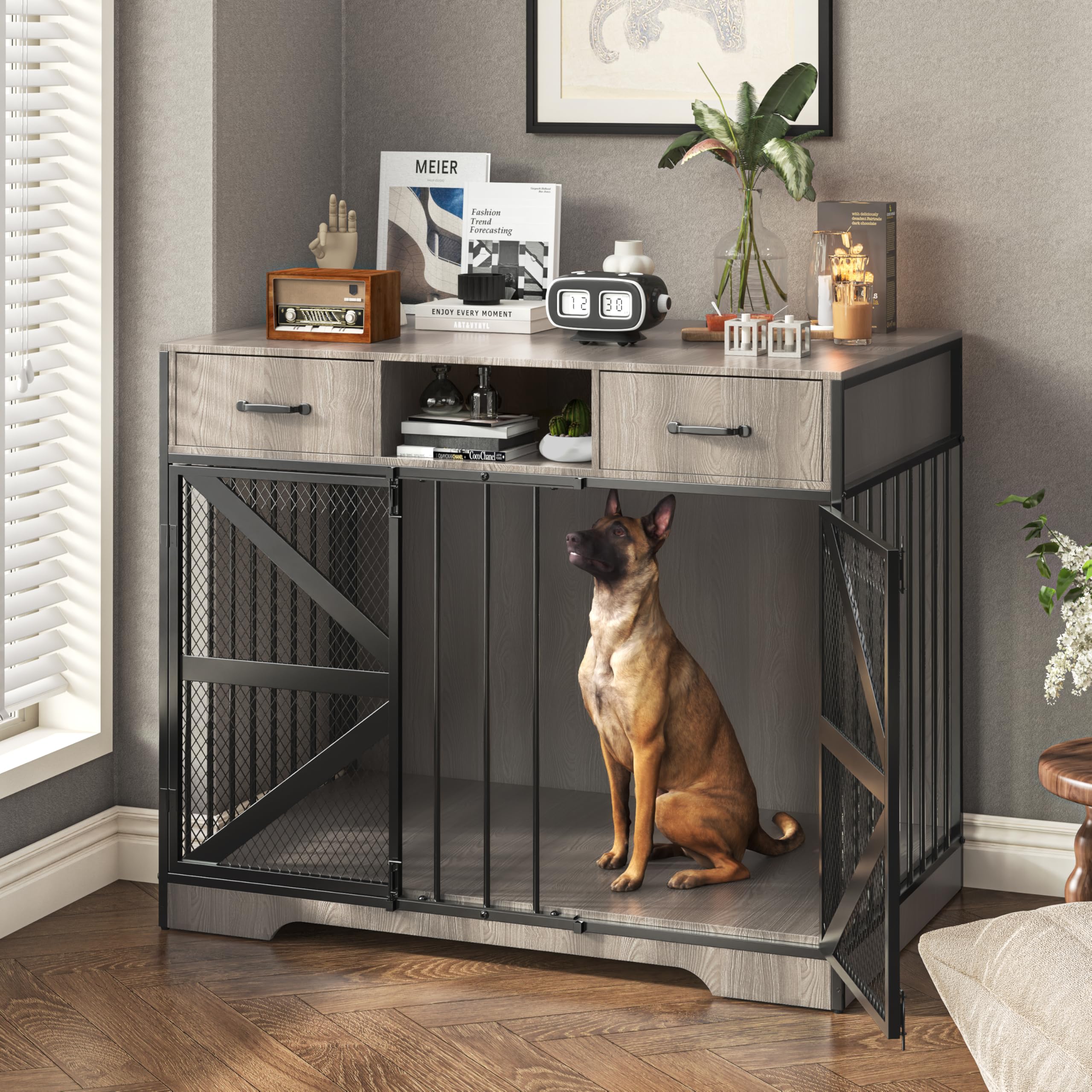 Fatmok Dog Crate Furniture, 44  Large Dog Kennel Furniture Indoor, Metal XL Dog Cage for Large/Medium Dogs, Wooden Heavy Duty De