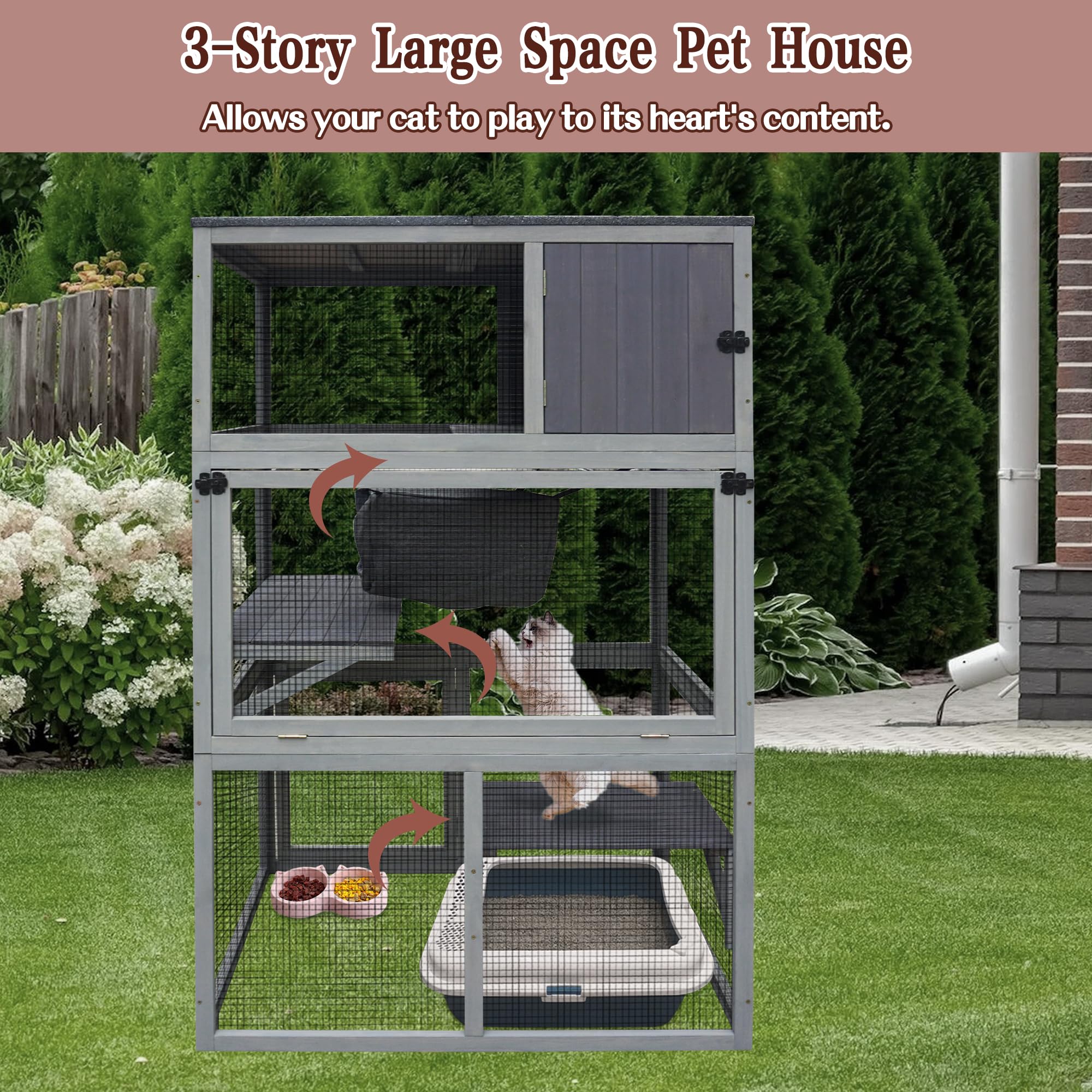 Wooden Cat House Outdoor Cat Enclosure With 3 Floors And Weatherproof Roof Indoor Large Cat Catio For Cats With Hammock & Resting Box