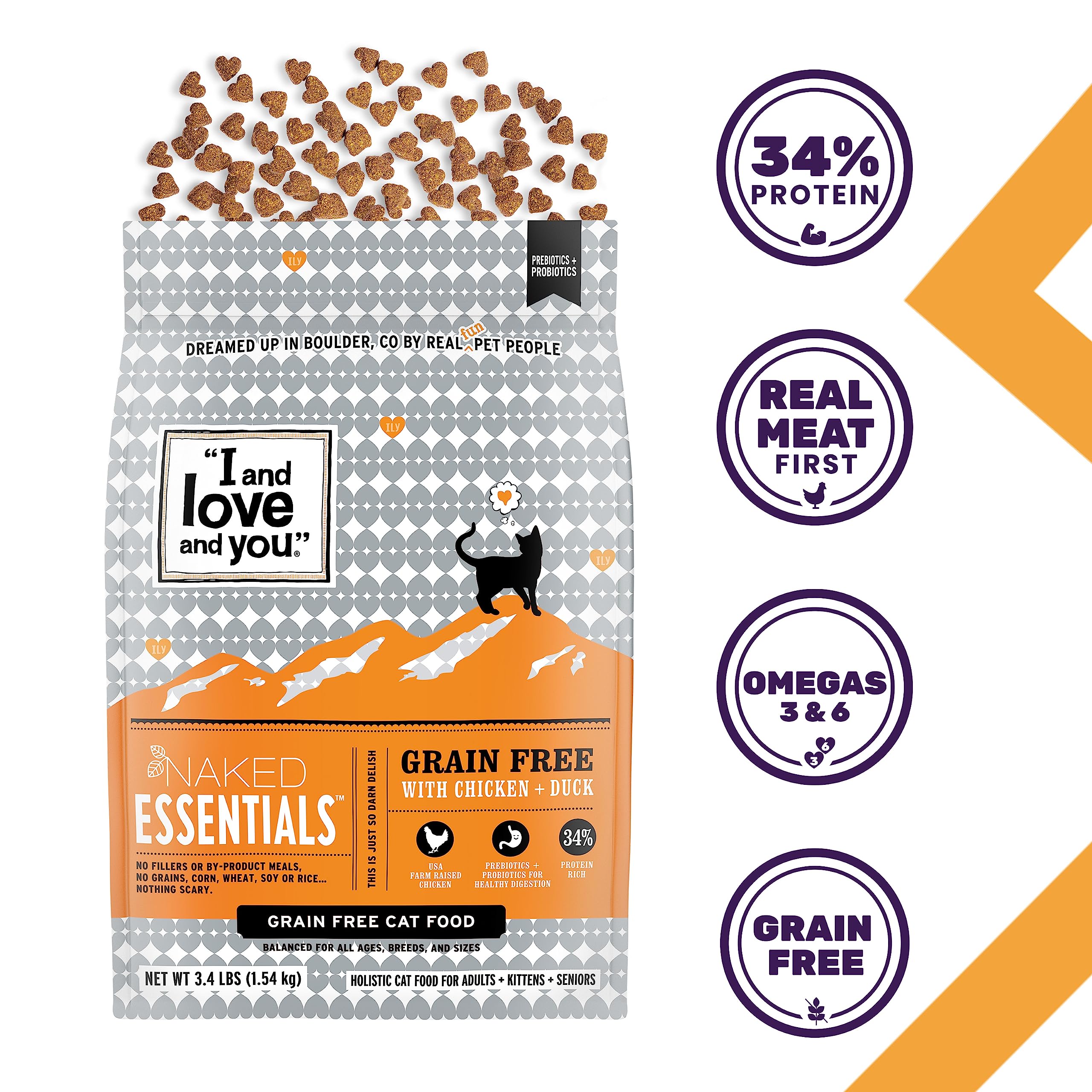 I and love and you Naked Essentials Dry Cat Food - Chicken + Duck - Grain Free, Real Meat, No Fillers, Prebiotics + Probiotics,