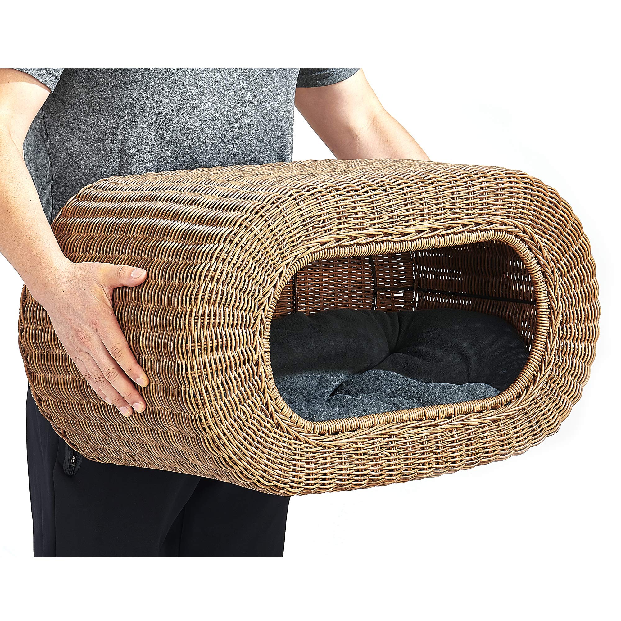Fun Stackable Cat Condo - Interactive Play Faux Rattan Cat House With Enclosed Bed, Pet Friendly Top/Side Entries