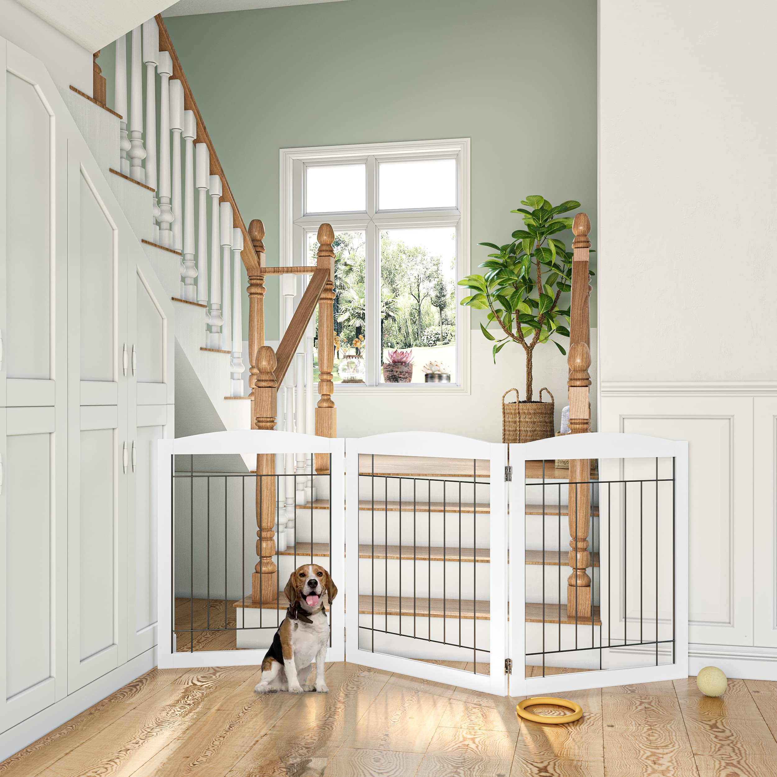 PAWLAND Extra Wide Dog gate for The House, Doorway, Stairs, Freestanding Foldable Wire Pet Gate, Pet Puppy Safety Fence, 30 Heig