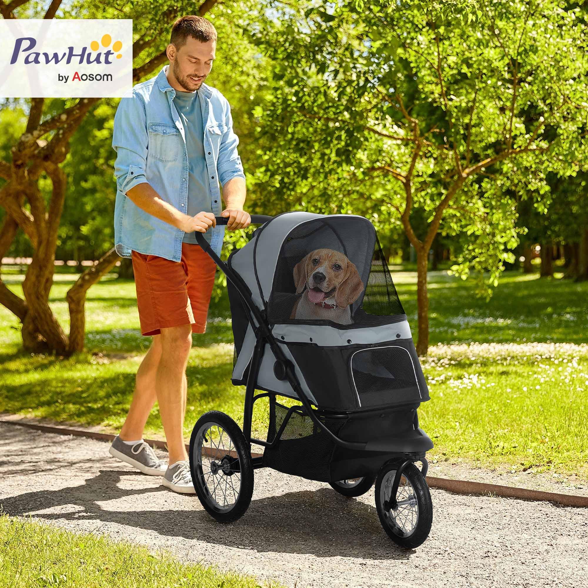 Pawhut Pet Stroller For Small And Medium Dogs, 3 Big Wheels Foldable Cat Stroller Jogger With Adjustable Canopy, Safety Tether,