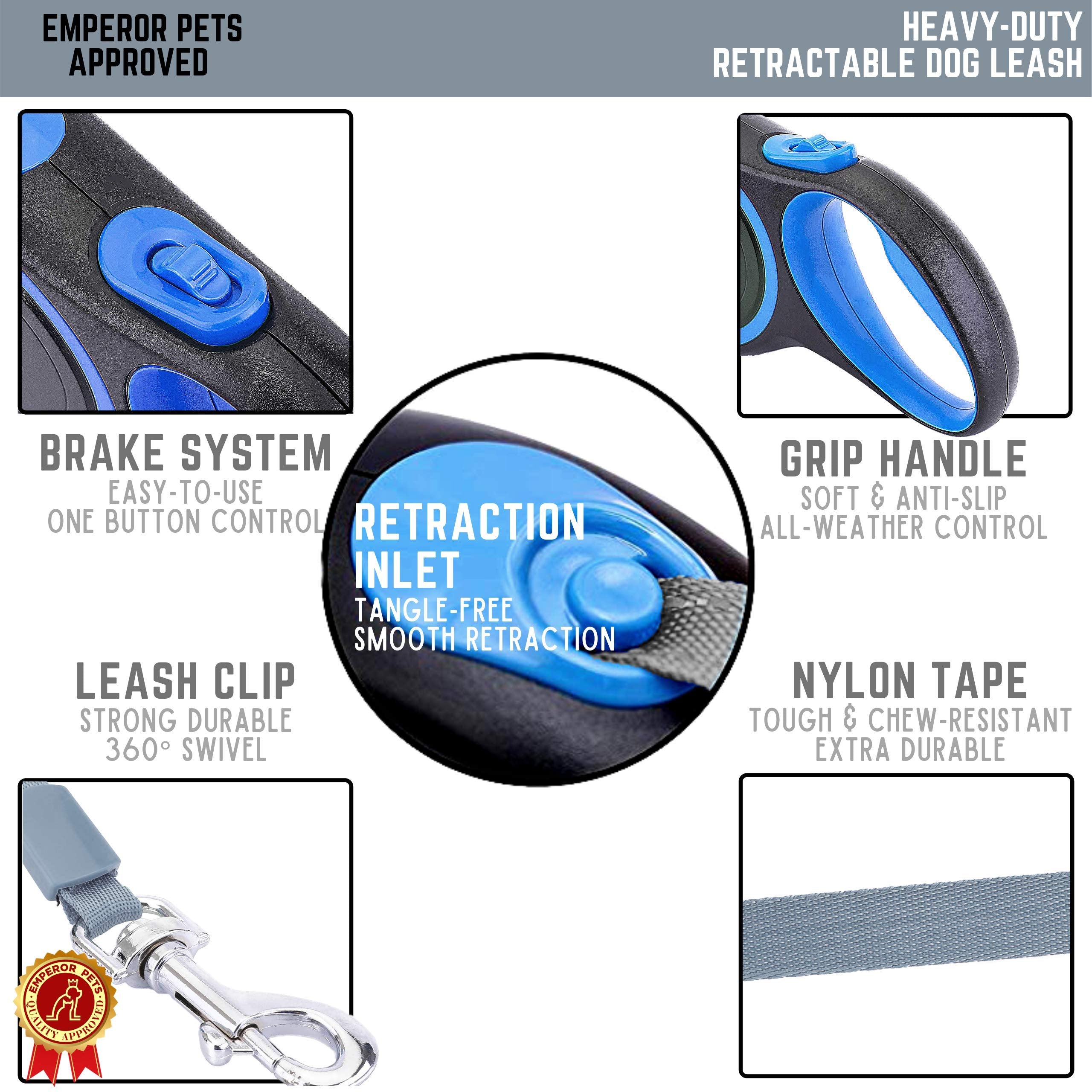 Emperor Pets 16 Feet Retractable Dog Leash Large Dogs - Up To 110Lb, Large Dog Leash Heavy Duty Dog Leash Retractable 26 Ft, Dog Leashes For Large Breed Dogs, Dog Leashes For Medium Dogs -Bl16