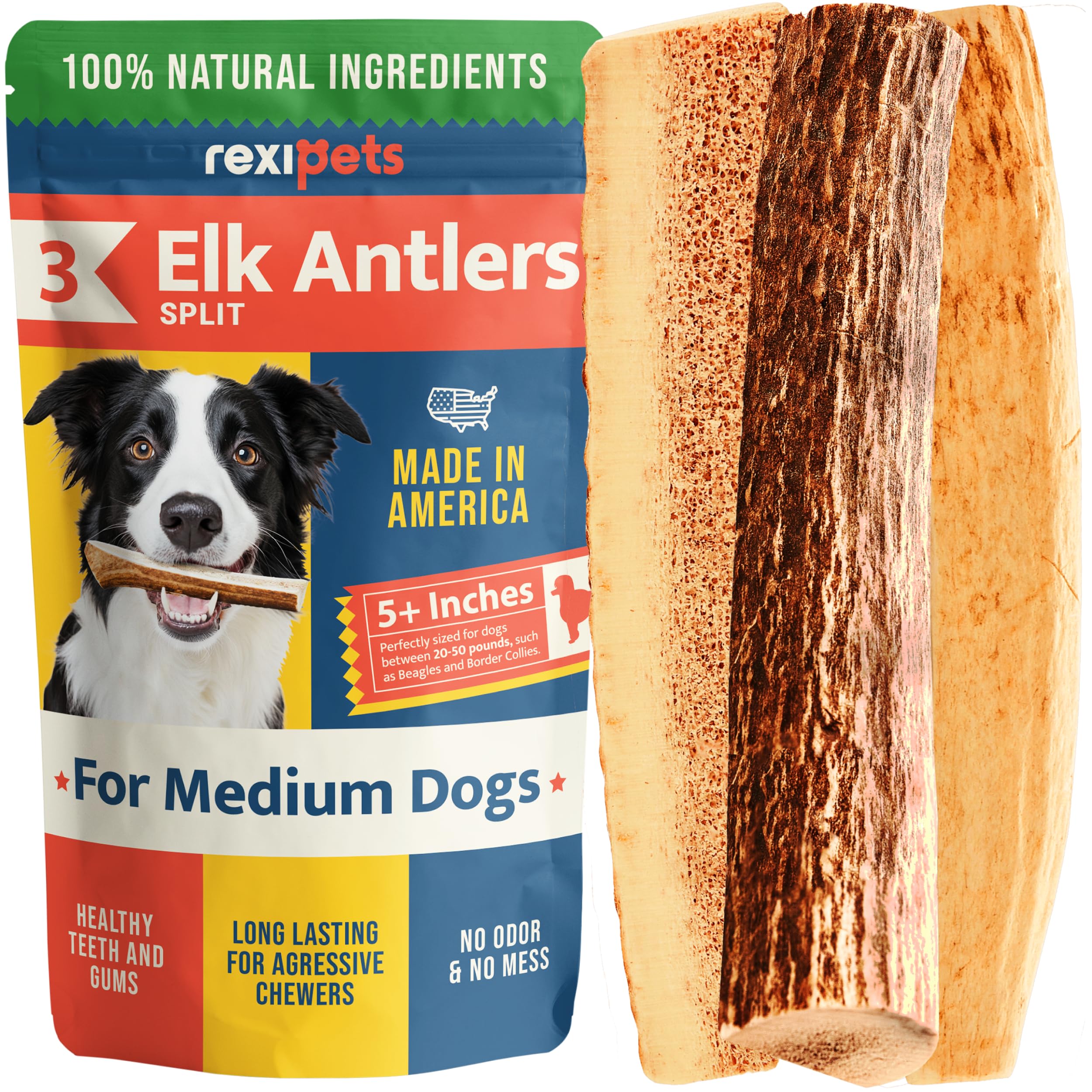 100% Natural - Split Elk Antlers for Dogs ( 3 pack ) - Naturally Shed in USA - Dog Antler Chews Medium Breeds - Natural, Long-La