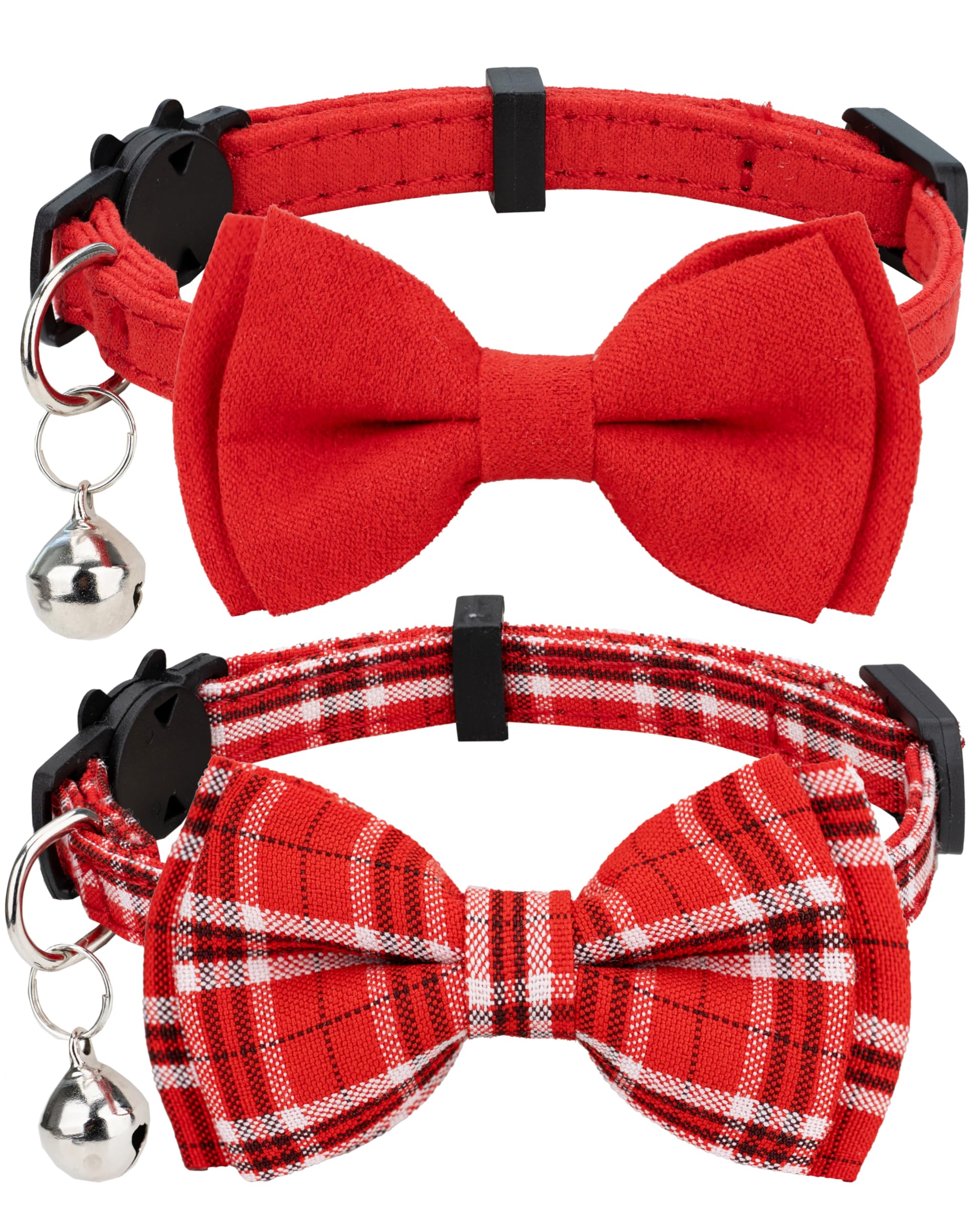 Gyapet Cat Collar Breakaway Bowtie Safety With Bell Adjustbale Kitten Puppy Solid Plaid Color Set J-[2Pcs] Red