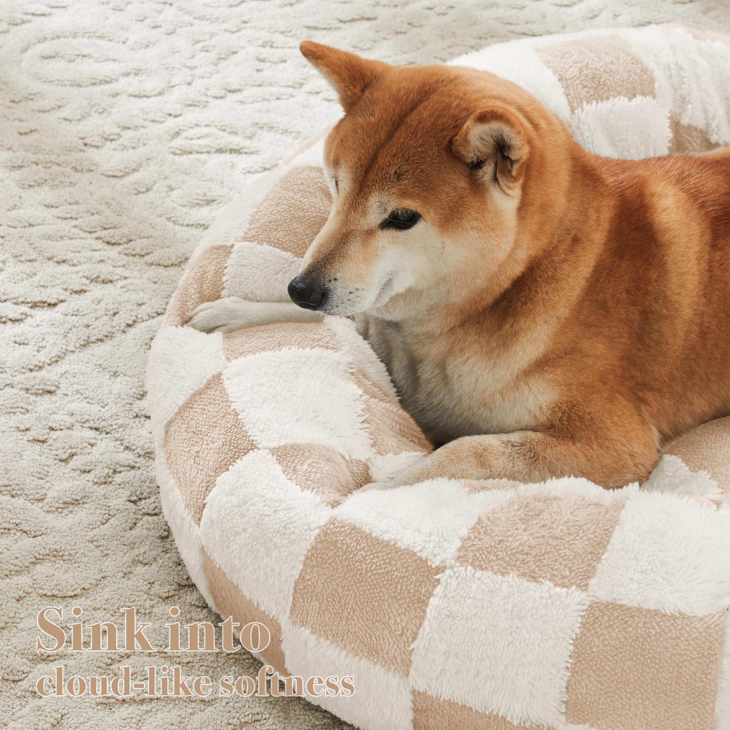 Ohocut Checkered Cat Dog Bed, Cute Beige Khaki Retro Style Aesthetic Round Warming Pet Calming Beds For Small Dog And Cats, Plus