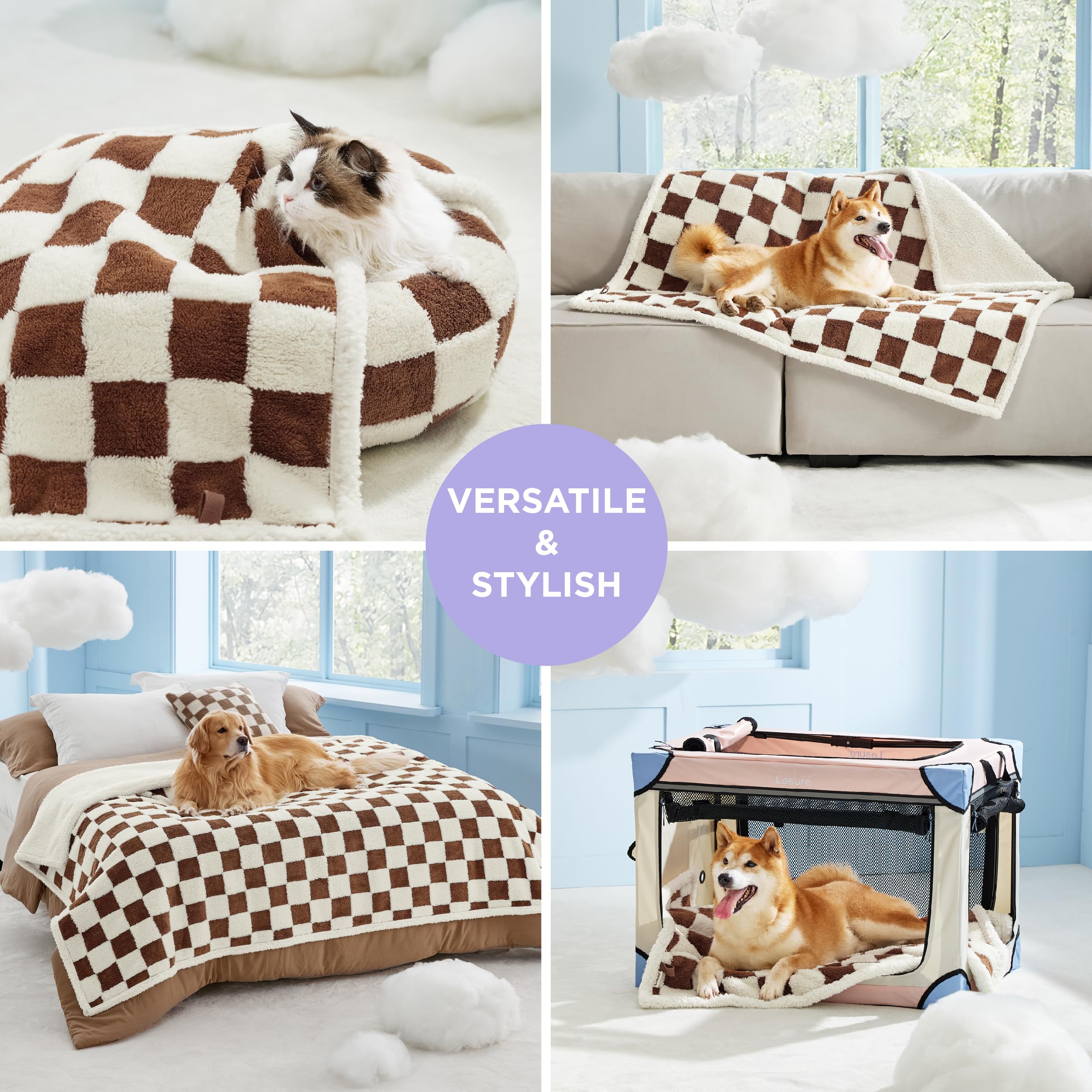 Lesure Waterproof Dog Blanket For Large Dogs - Washable Double Sided Dog Blankets With Warm Jacquard Shag And Soft Sherpa Fleece, Pet Cat Blanket For Bed Protection, 3D Textured Checks, Brown
