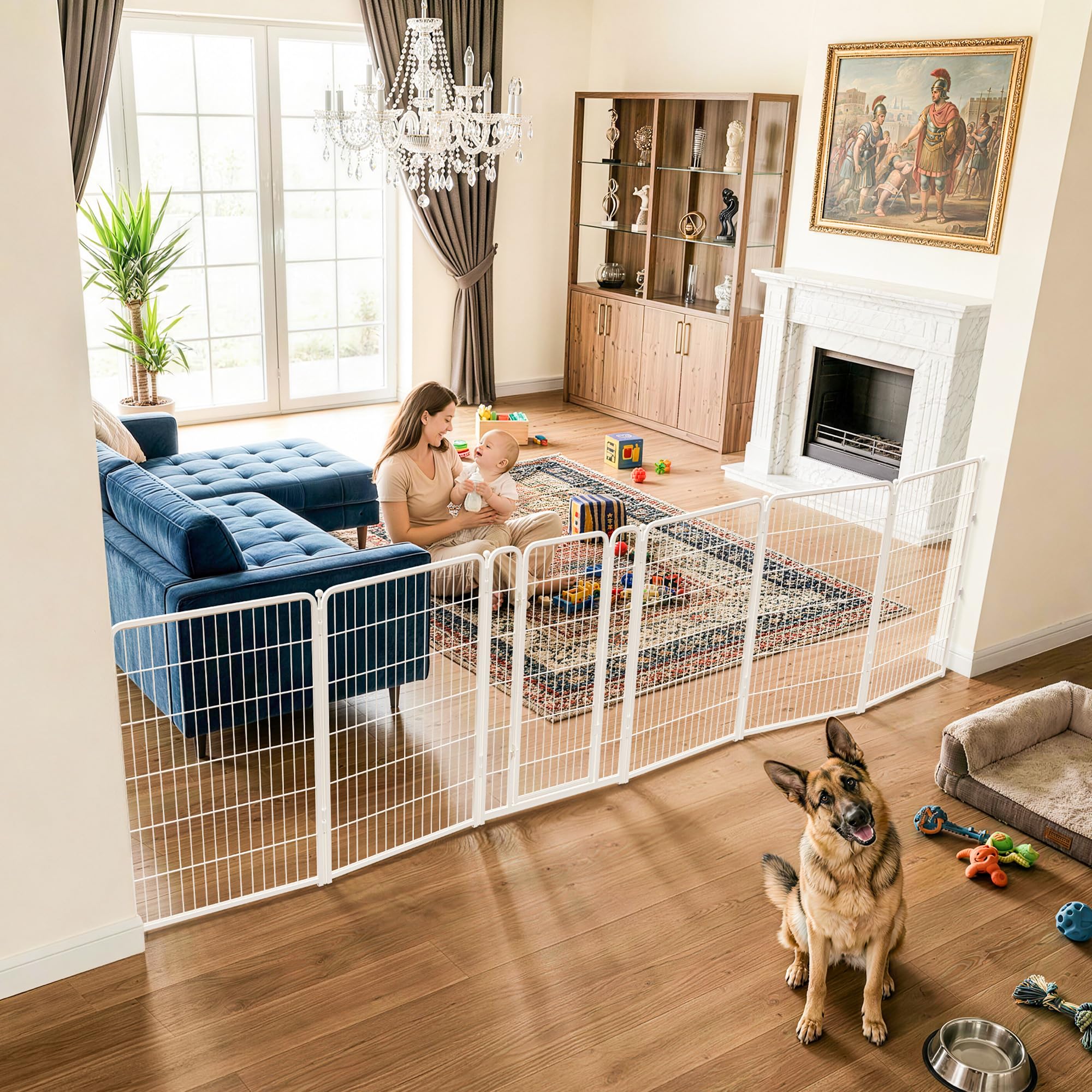 FXW Dog Gate Extra Wide Designed for Indoor Use, Adjustable Width Up to 165-inch Wide (45 H 6 Wire Panels for Large Dogs), White