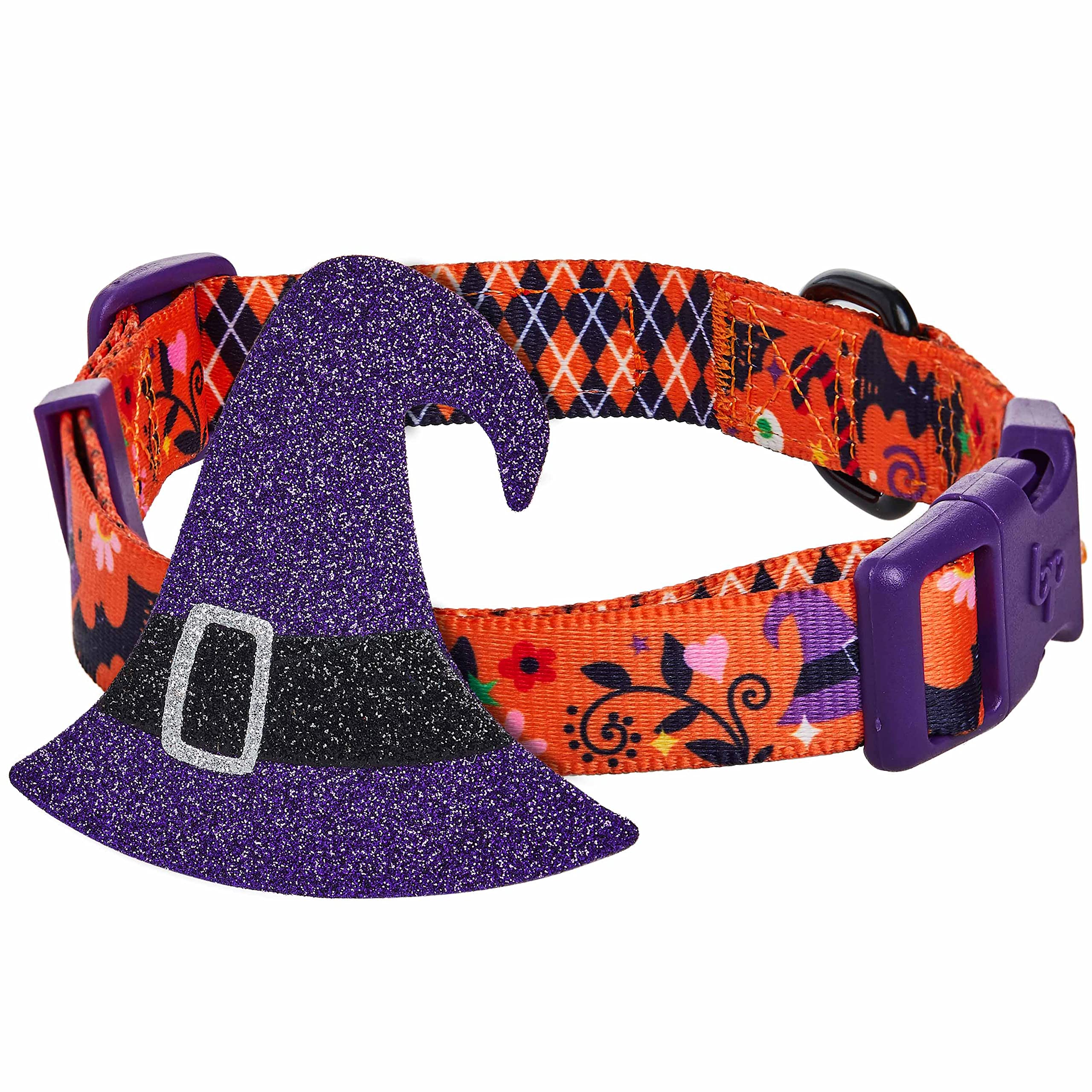 Blueberry Pet Halloween Witch Hat Adjustable Dog Collar with Detachable Glitter Accessory, Large, Neck 18''-26''