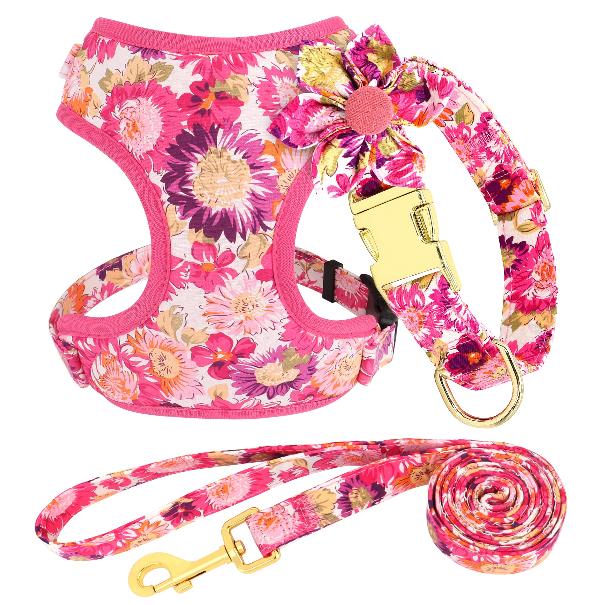 Beirui Cute Girl Dog Collars, Harnesses & Leashes Set - Adjustable Dog Collar And Leash Set With Flower - Soft Mesh Dog Vest Har