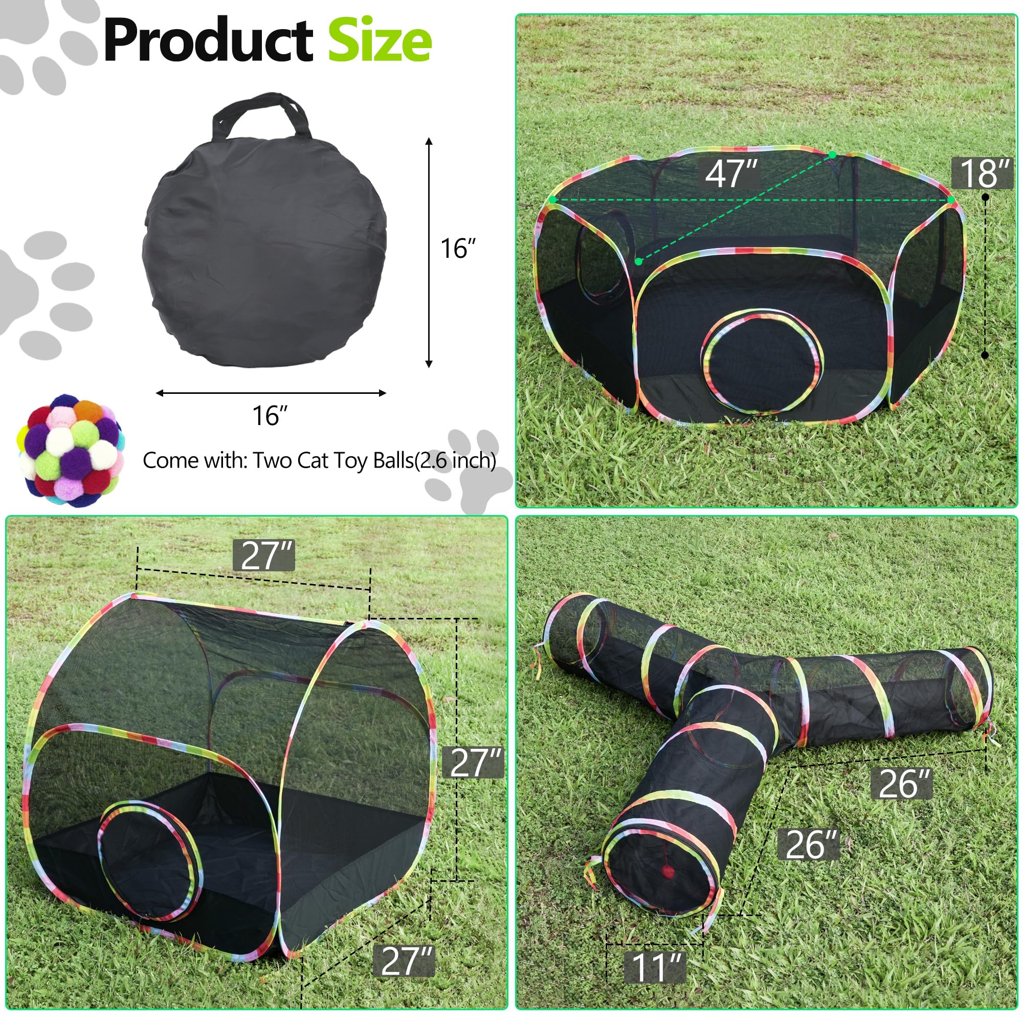 Naielfopet Outdoor Cat Enclosure With Cat Tunnel, Tent, Playhouse And Cat Toy Ball With Bell - Portable Indoor/Outdoor Playpen F