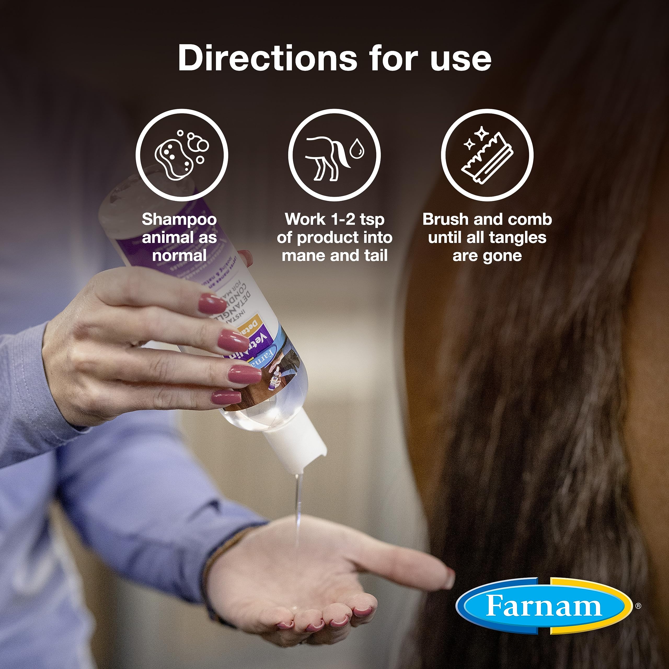 Farnam Vetrolin Concentrated Instant Horse Detangler And Conditioner For Mane And Tail, Use On Horses Or Dogs, Removes Tangles And Adds Volume, 12 Oz.