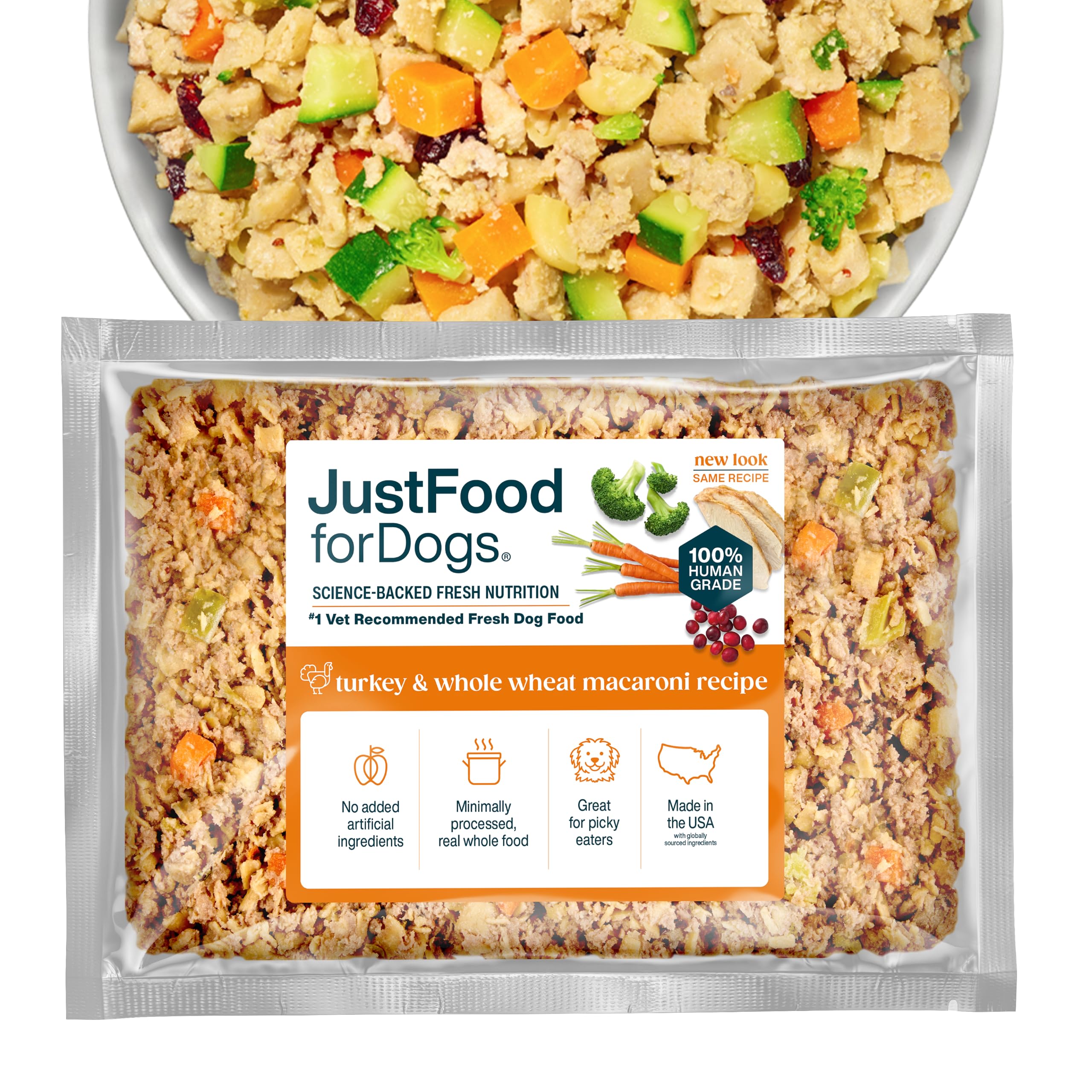 JustFoodForDogs Frozen Fresh Dog Food, Complete Meal or Dog Food Topper, Turkey & Whole Wheat Macaroni Human Grade Dog Food Reci