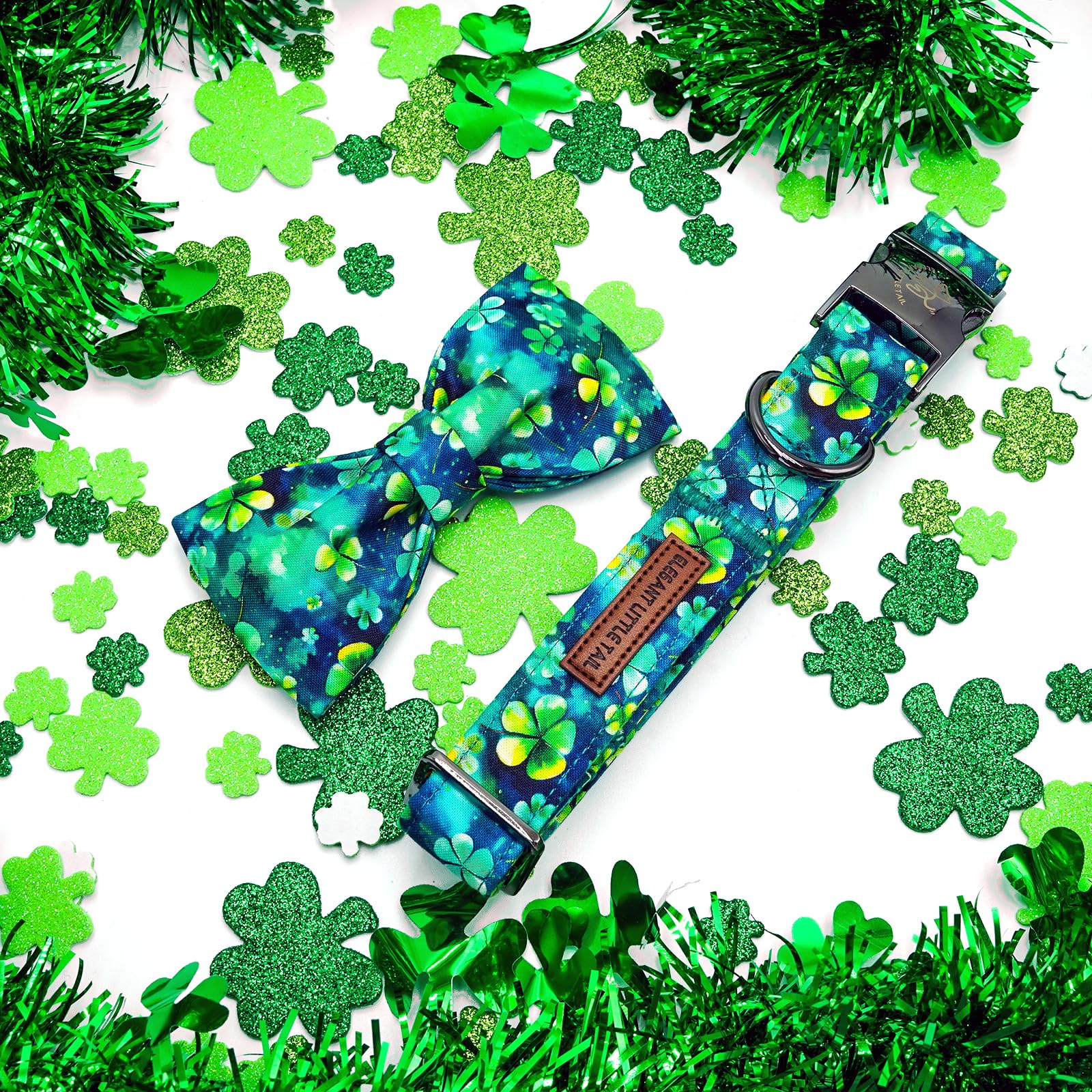 Elegant little tail St Patrick's Dog Collar, Green Cute Colver Cotton Shamrock Pet Collar Trefoil Puppy Collar Bow Holiday Adjus