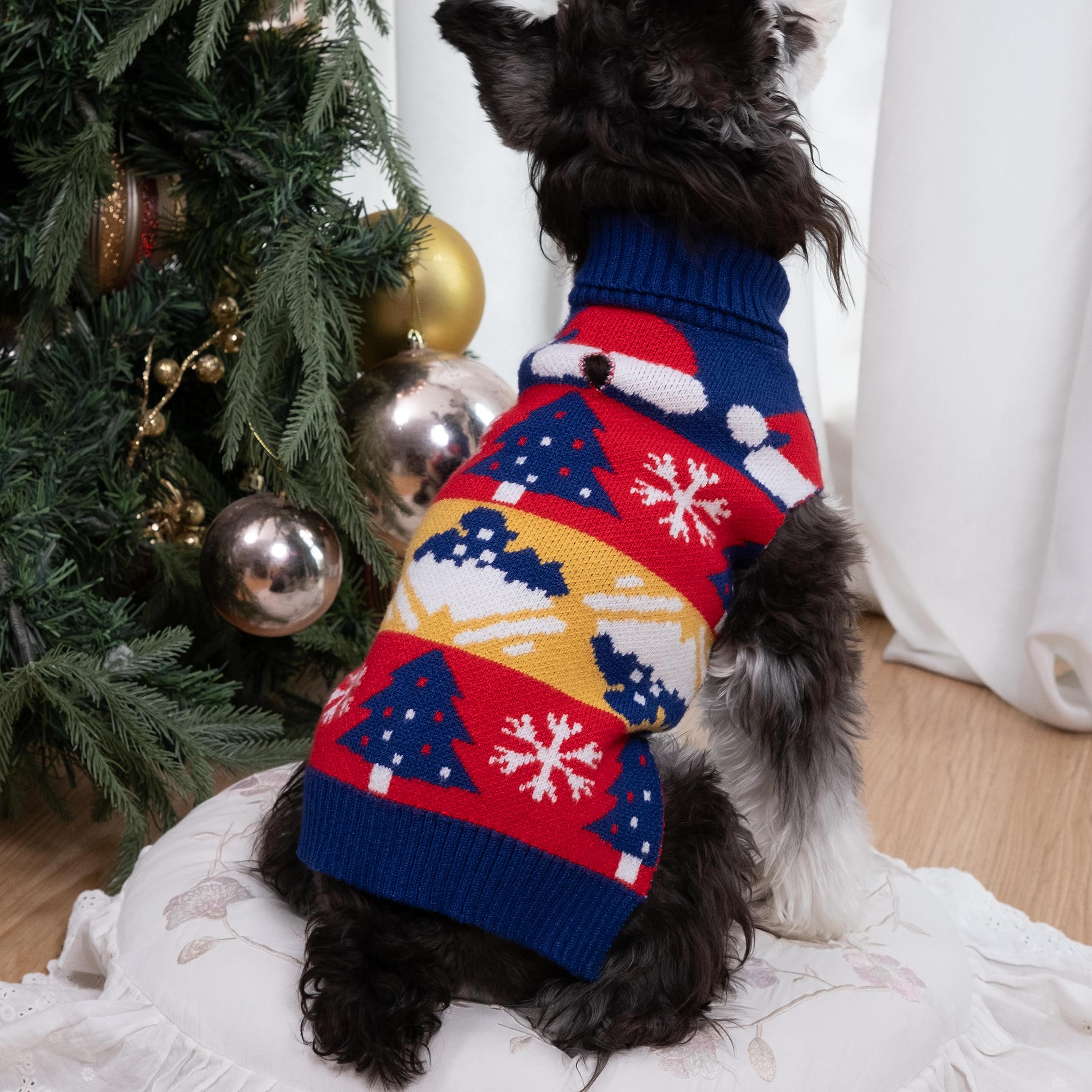 Cutebone Christmas Dog Sweater For Small Dogs X-Mas Knit Turtleneck Pet Winter Clothes Cat Apparel With Harness Hole