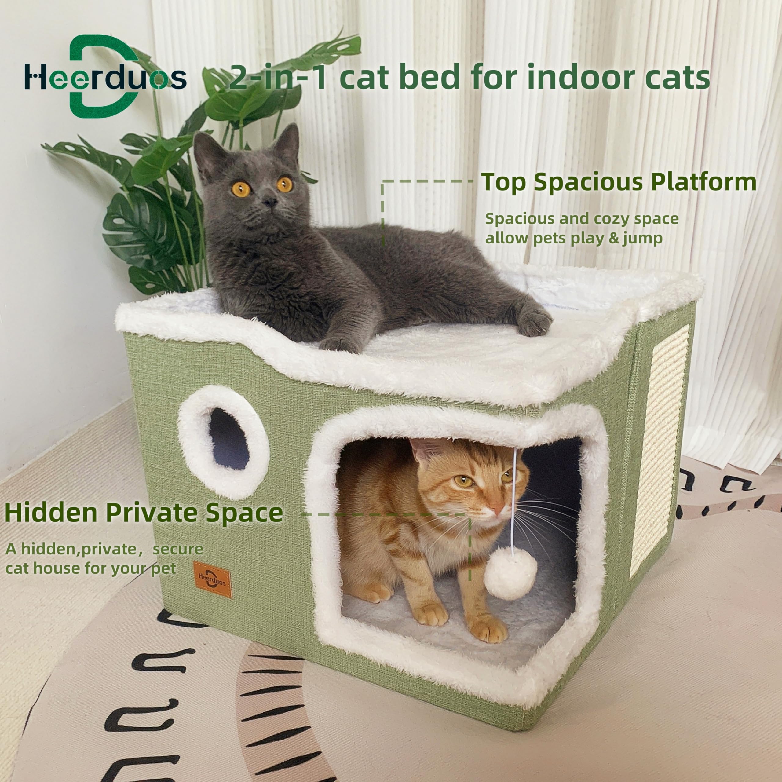 Cat Bed For Indoor Cats,Covered Cat Cave House & Furniture With Scratch Pad,Foldable Cat Hideaway Hut Cute Cat Condo With Soft W