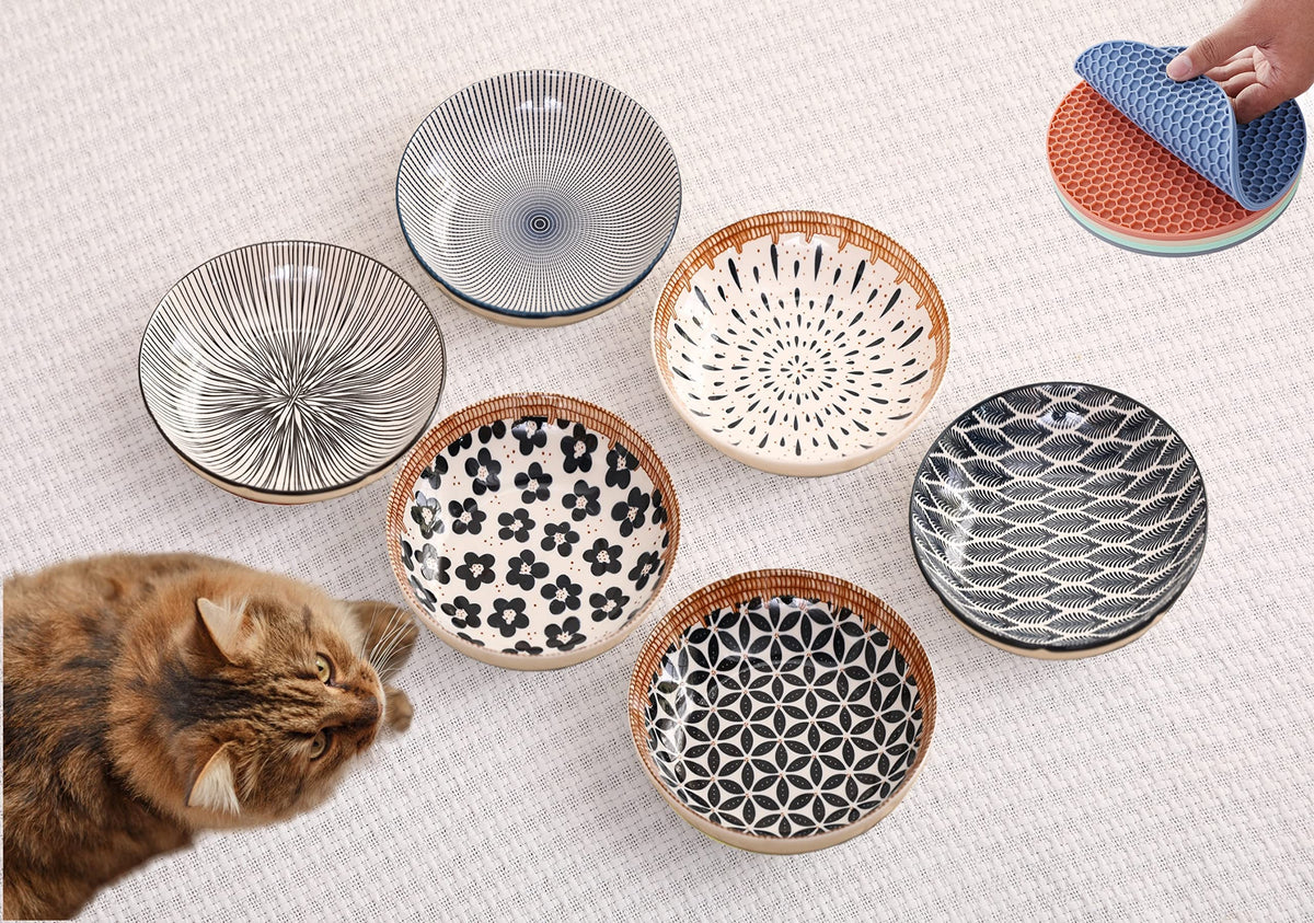 Whisker Fatigue Cat Bowl - Cat Bowls Whisker Friendly 6Pcs Ceramic Cat Bowls Set With Anti-Slip Pads 7'' Cat Feeding Bowls Wide 