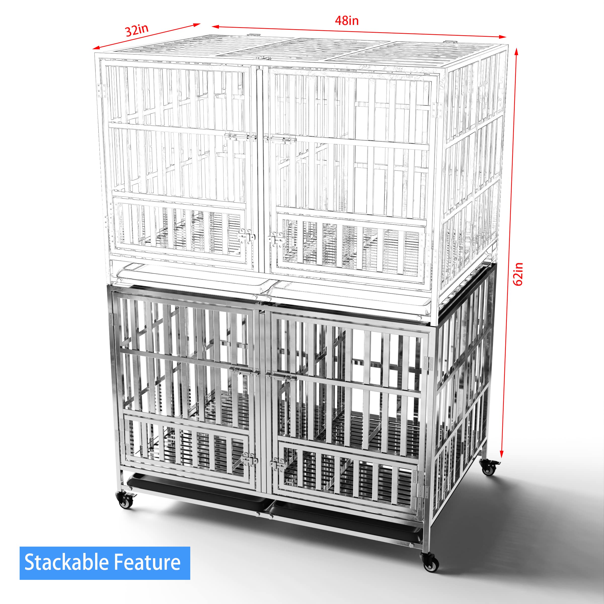 FoQualy Collapsible Stainless Steel Dog Crate, 30 37 42 48 Sizes, Lockable Wheel, with Tray, Stackable, Heavy Duty, Divider, Ind