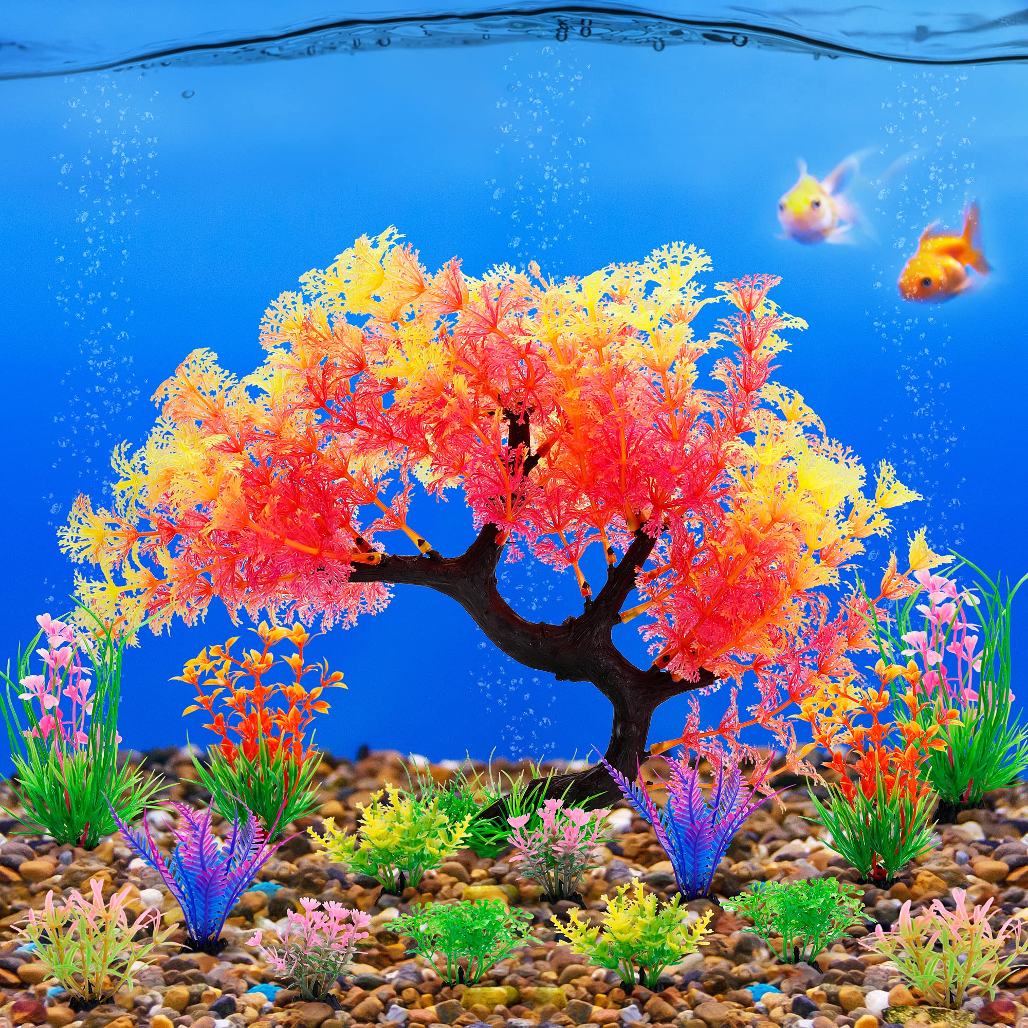 MyLifeUNIT Fish Tank Decorations, 15 Pack Artificial Aquarium Plants Tree Set for Fish Tank Decor (Pink Set)