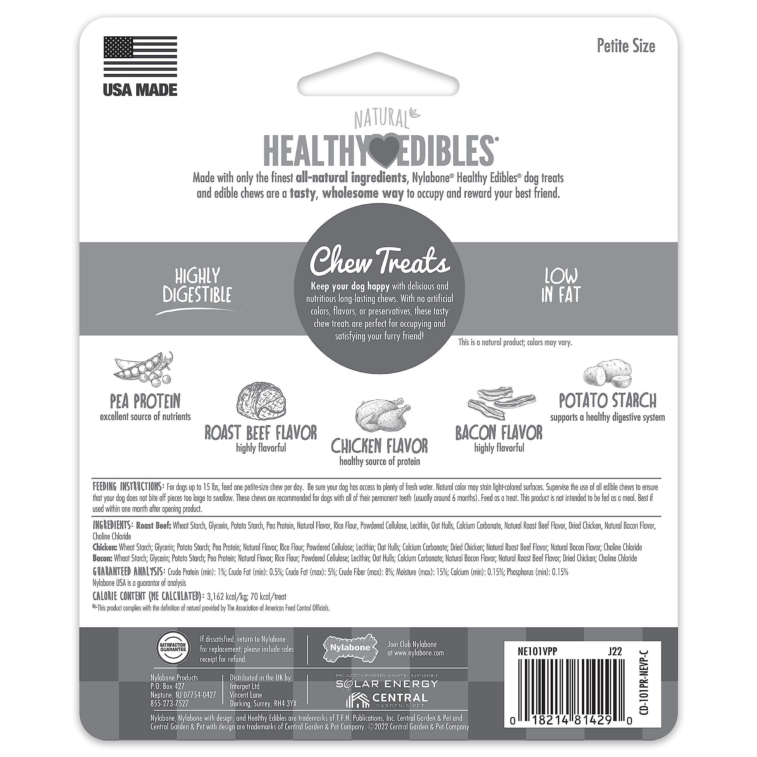 Nylabone Healthy Edibles Natural Dog Chews Long Lasting Chew Treats for Dogs, Roast Beef & Chicken Flavor, X-Small/Petite (3 Cou