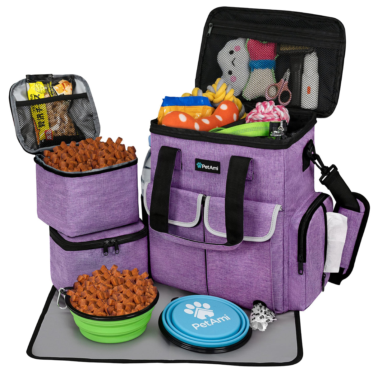 Petami Dog Travel Bag Pet Supplies Accessories Organizer For Traveling, Camping, Weekend; Cat Pet Travel Bag Kit Includes 2 Food Storage Containers, 2 Collapsible Bowls, 1 Feeding Mat (Purple)