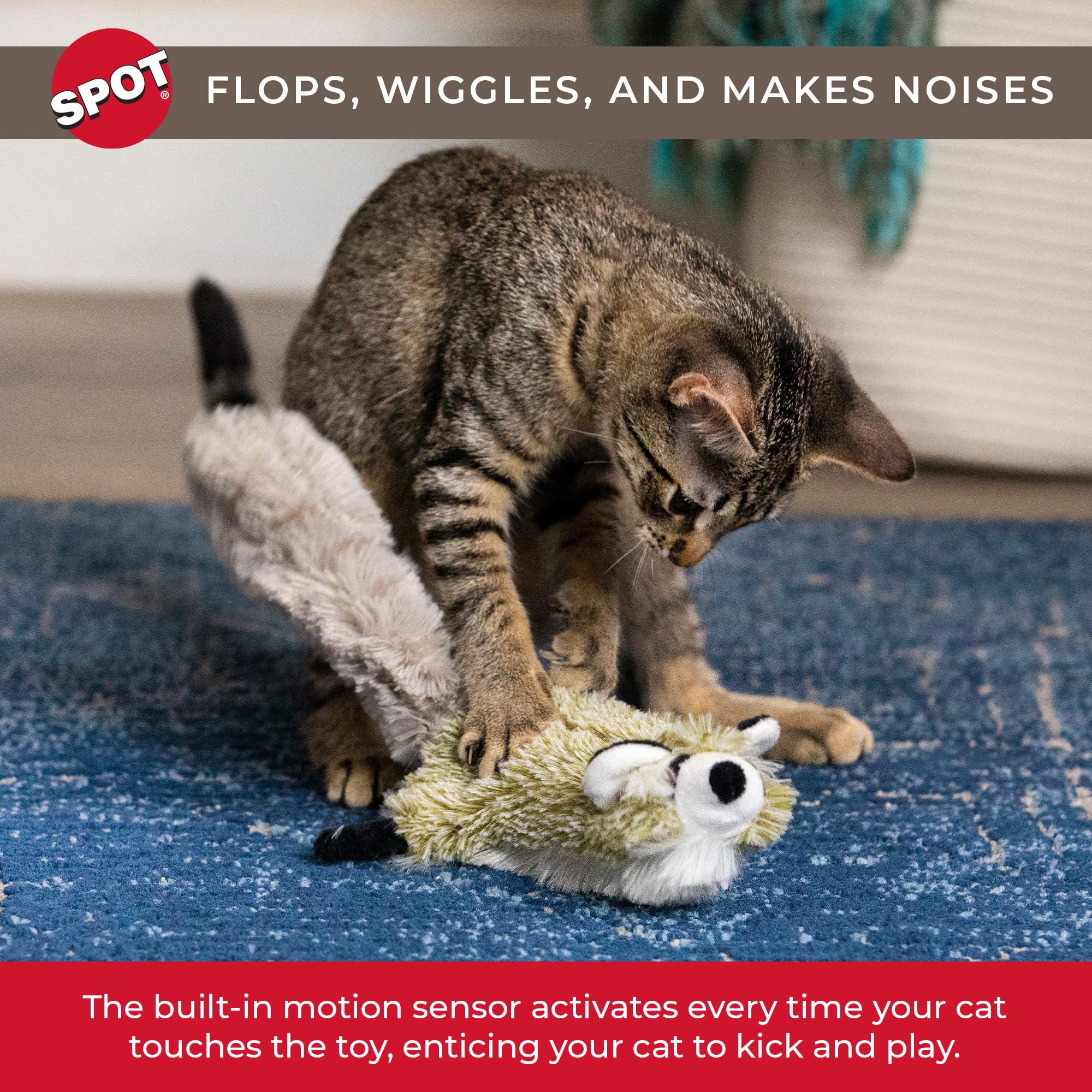 Spot Flippin?Skinneeez Raccoon Cat Toy With Catnip ?Realistic Flopping Design, Touch-Activated Movement And Sounds, Usb Rechargeable, Perfect For Indoor Cats, 15-Inch