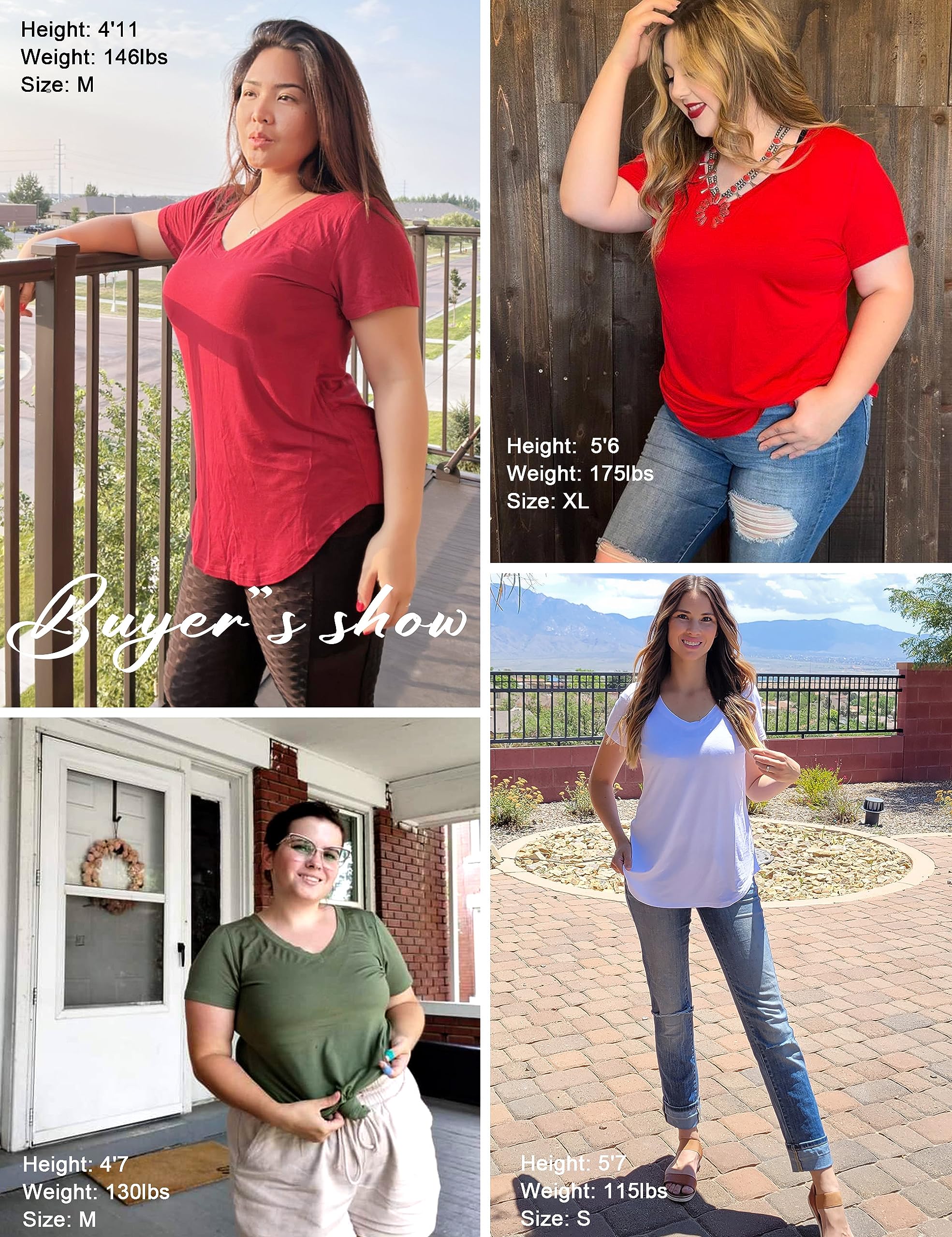 Dittyandvibe Women Short Sleeve V Neck Curved Hem Tunic Tops T Shirts (Red,S)