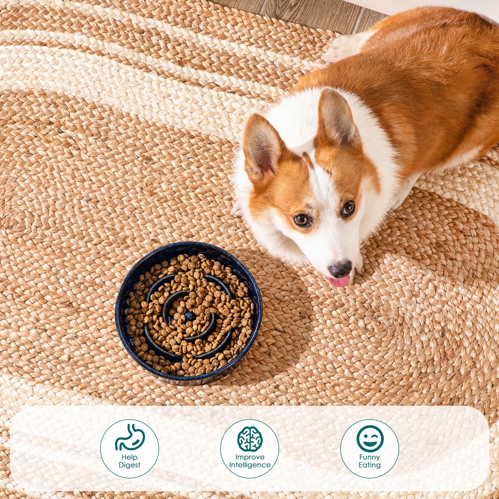 vancasso Slow Feeder Dog Bowl, 1.5 Cups, Blue Ceramic Puzzle Maze for Medium Breeds, Model VC-MSGW-HB-B-02-VIP011