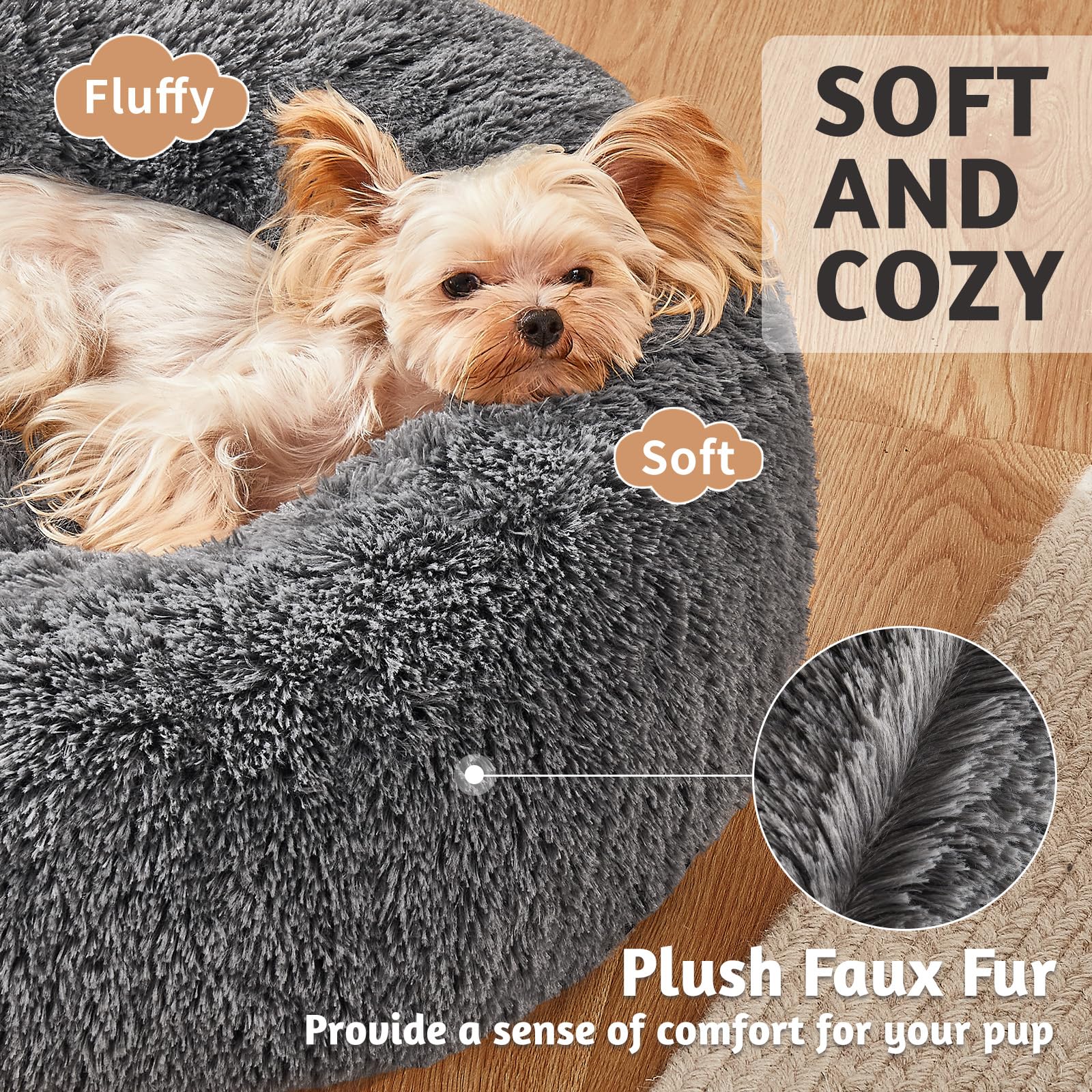 Ohgeni Calming Donut Dog Bed Pillow For Small Medium Pets, Machine Washable Removable Cover, Comfort Plush Fluffy Faux Fur With Anti-Slip Bottom, Cats-Friendly Round Cuddly Design, Gray, 23 Inches